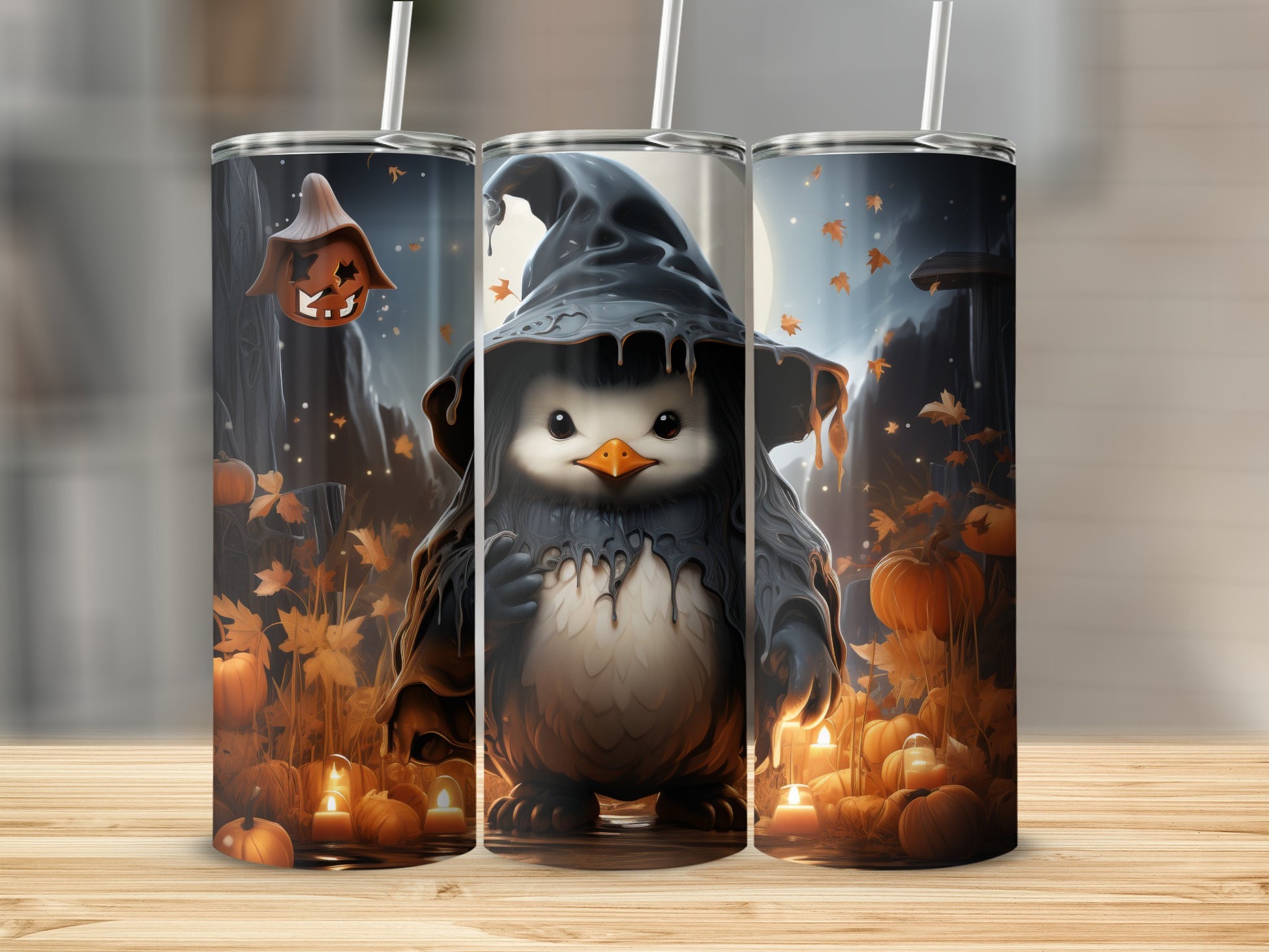 Three tumblers featuring a Halloween-themed penguin in a witch hat.