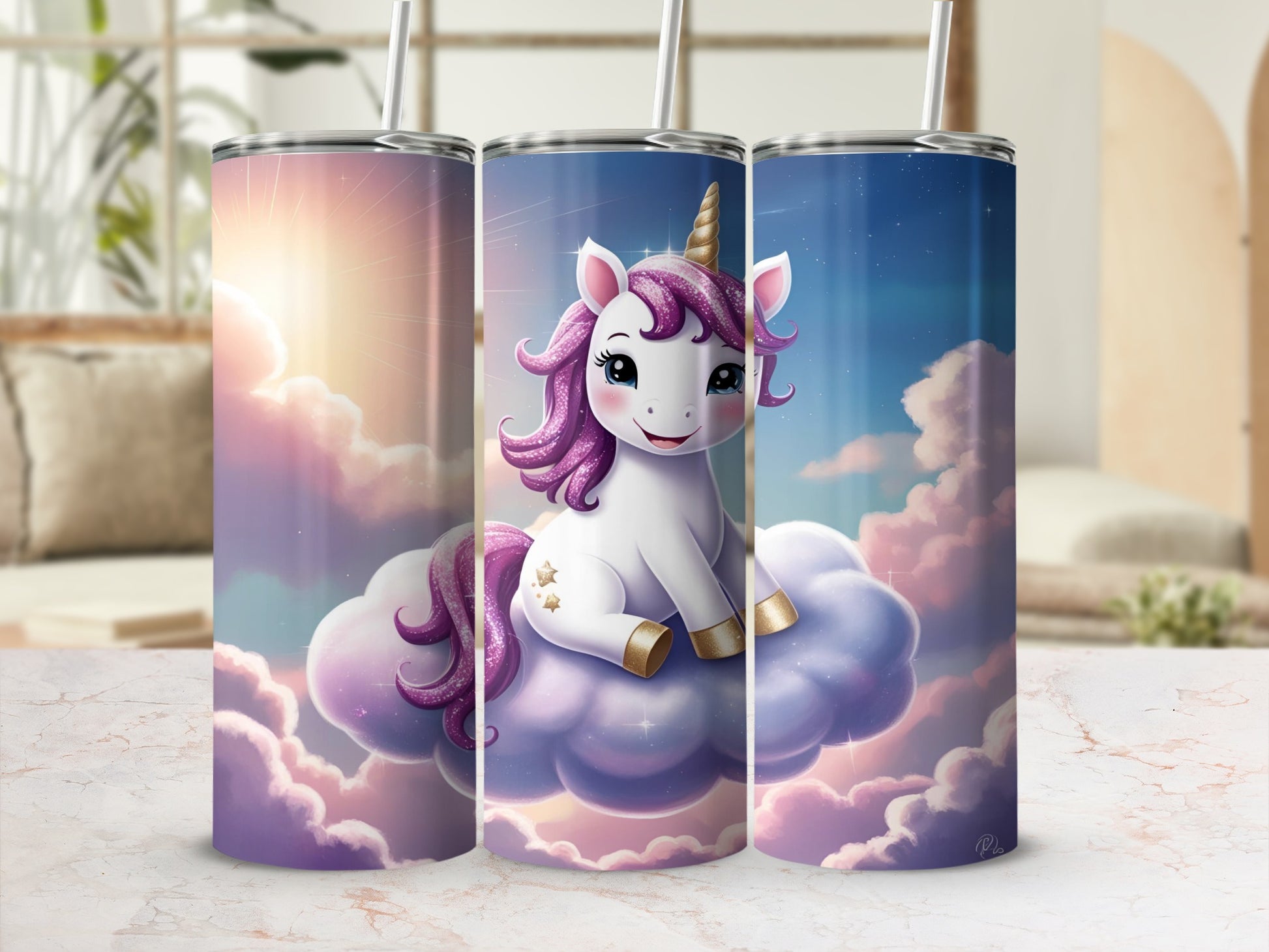 Cartoon unicorn with purple mane sits on a cloud under a starry sky.