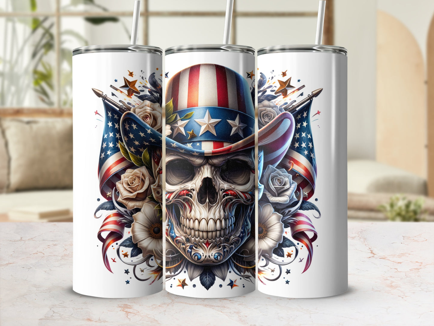 Skull wearing American flag hat with roses and stars on tumblers.