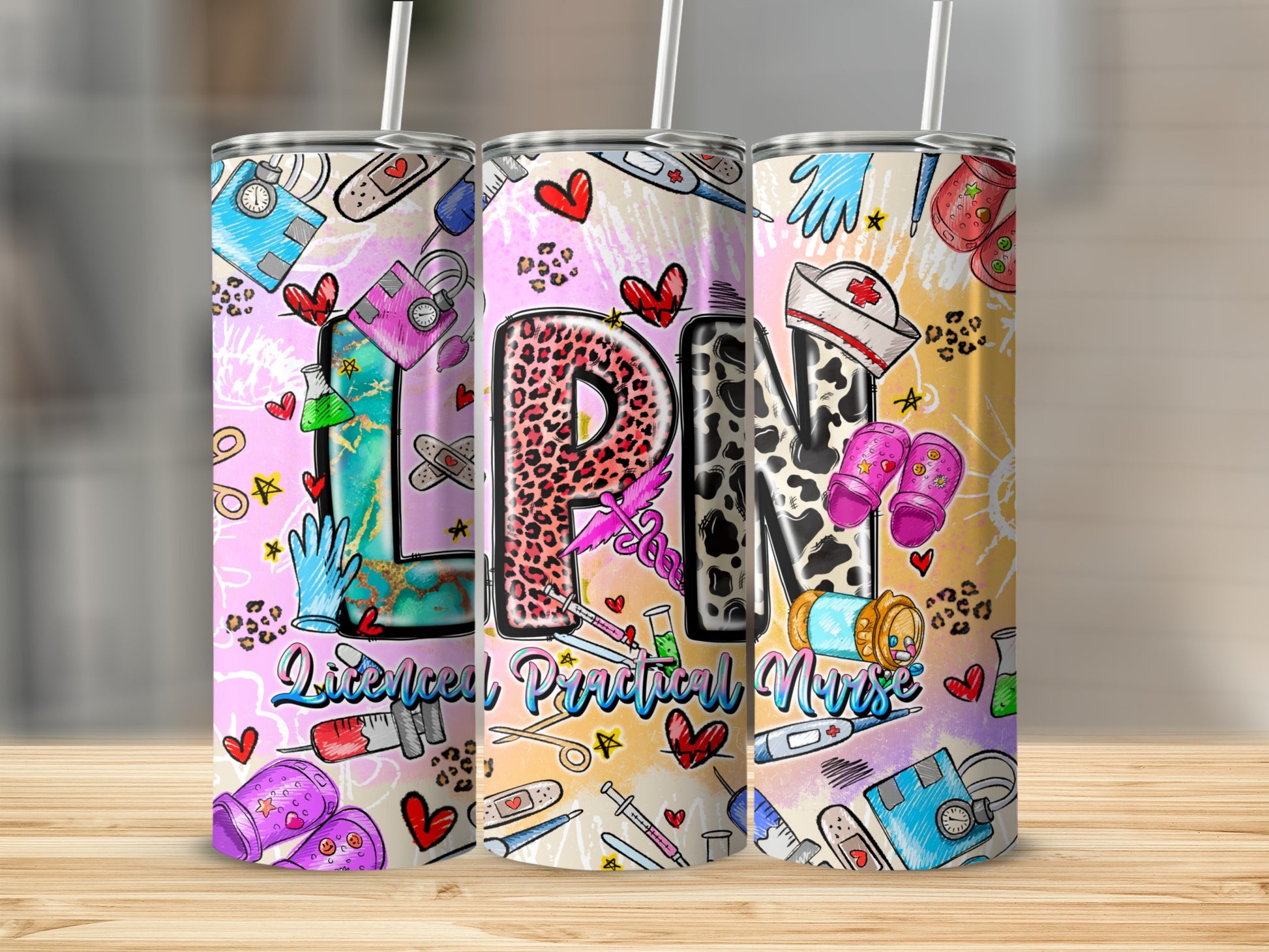 Tumbler with "LPN Licensed Practical Nurse" text and medical icons.