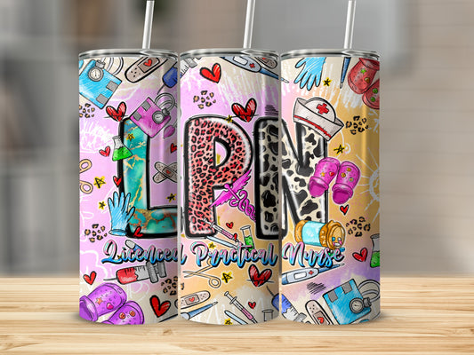 Tumbler with "LPN Licensed Practical Nurse" text and medical icons.