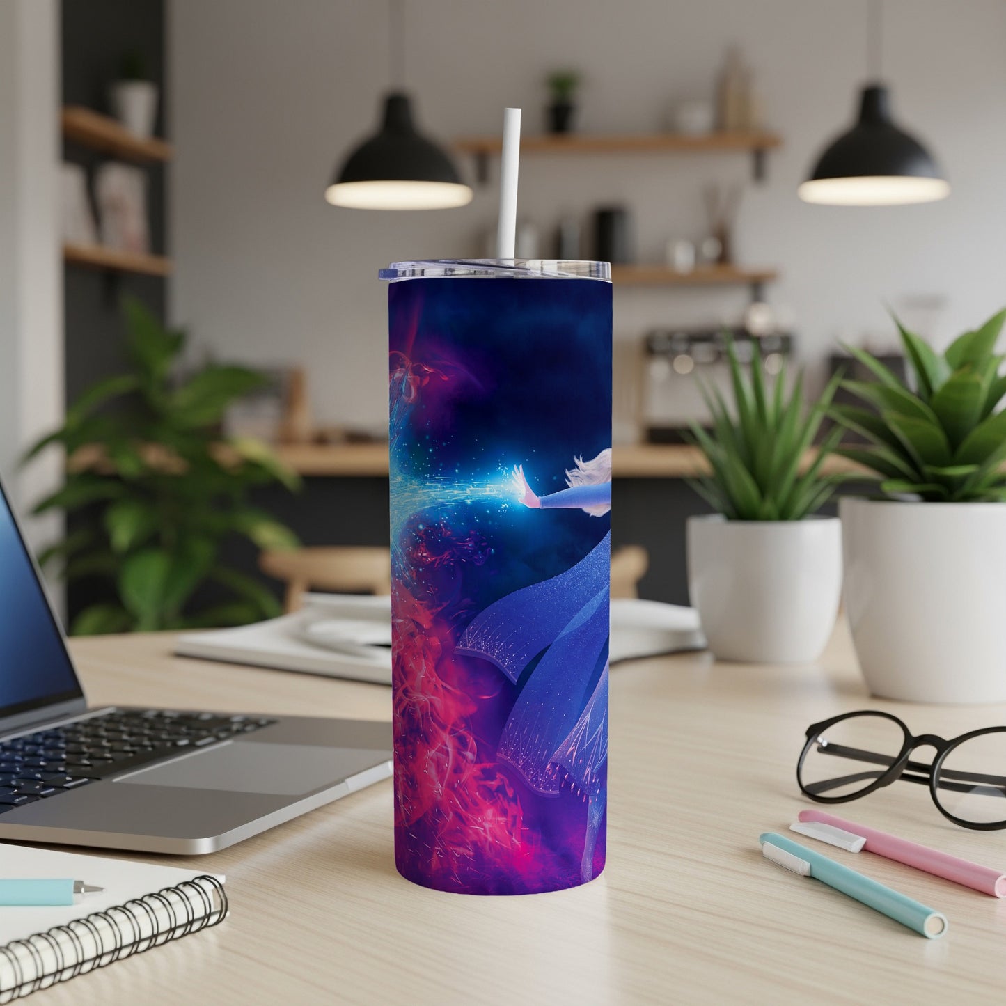 Purple tumbler with a woman and blue and pink fire design.