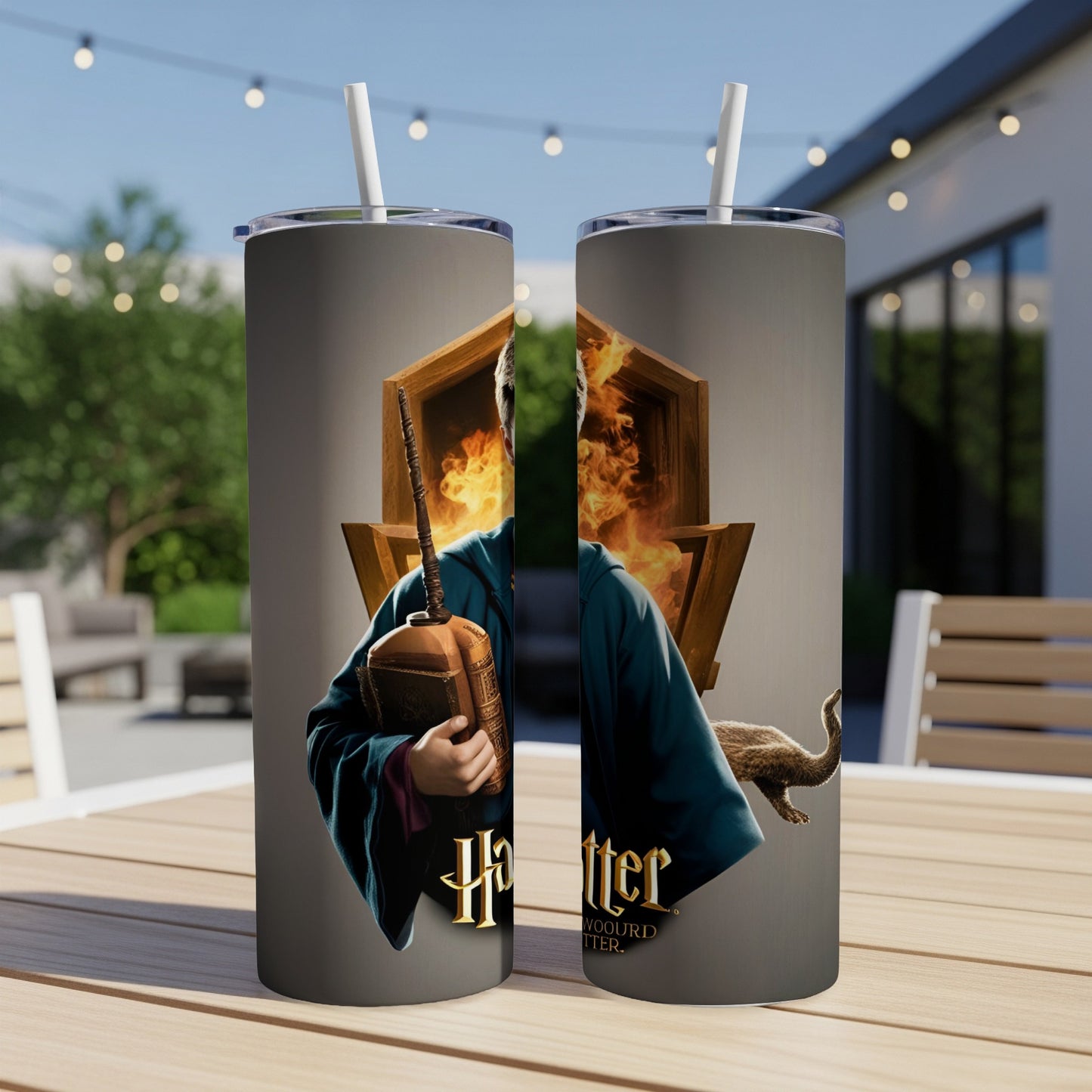 Two tumblers with Harry Potter characters and flaming door graphic.