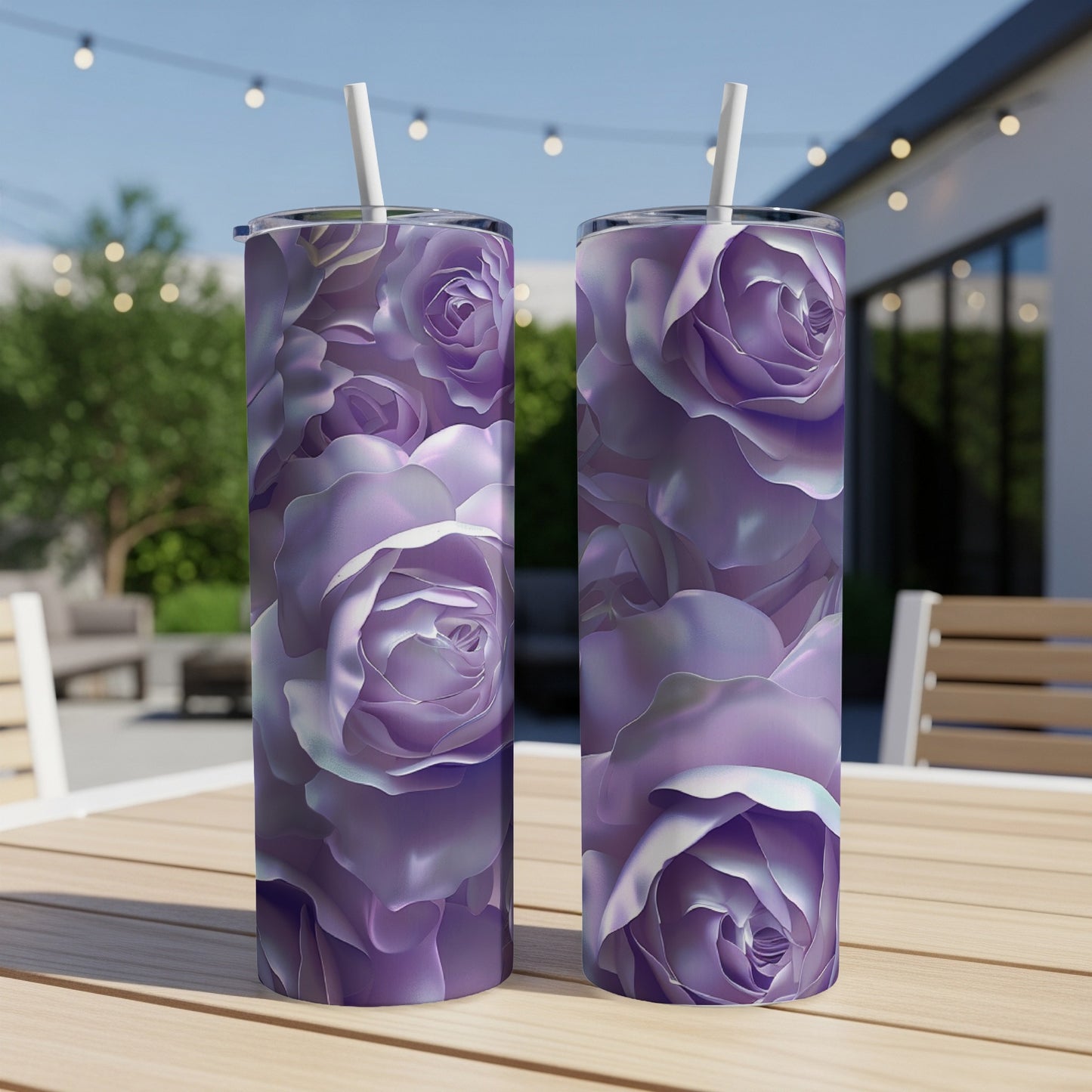 Two tall tumblers with a realistic purple rose floral pattern.