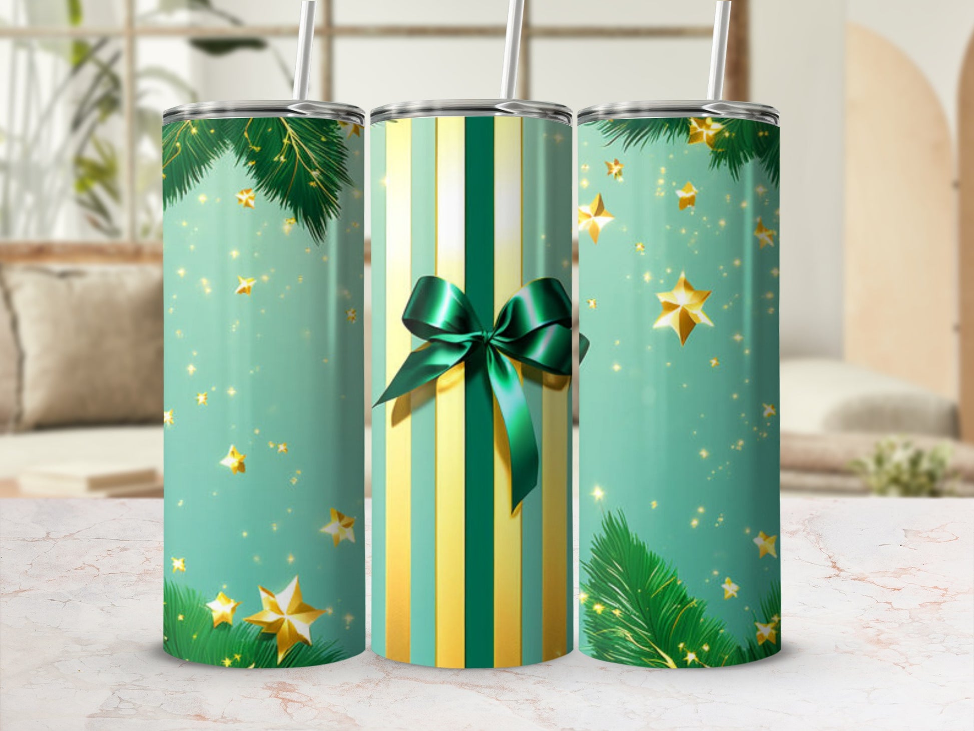 Green and gold striped tumbler with stars and pine needles.