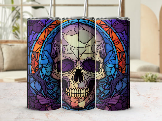 Three tumblers with a stained-glass skull design.