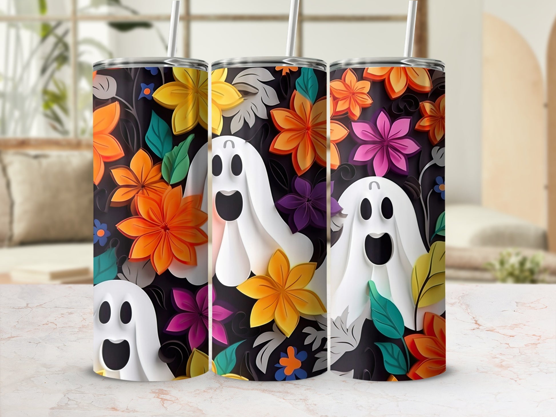 Three tumblers with white ghosts and colorful flowers on a black background.