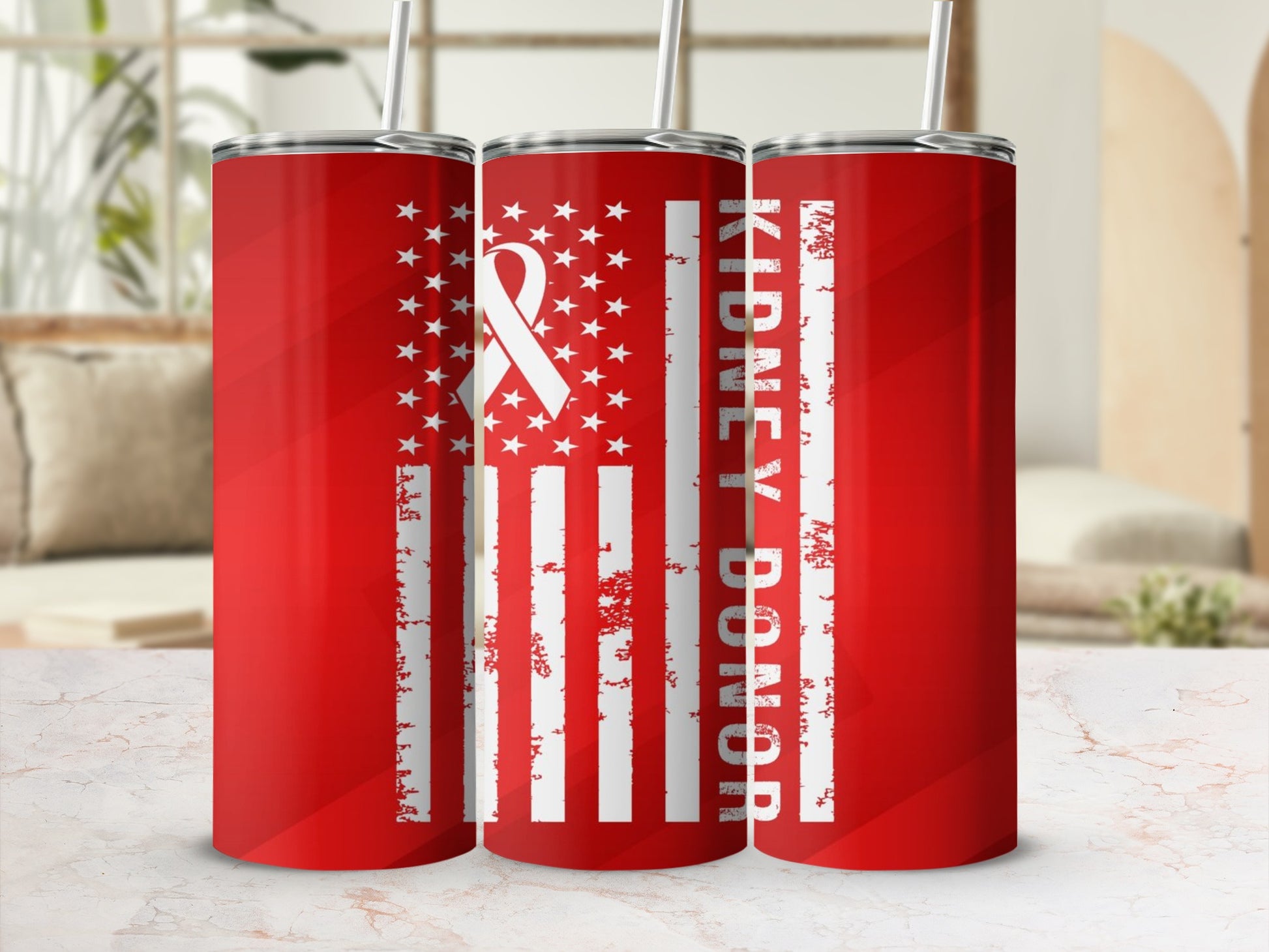Kidney Donor Red White Striped Tumbler with Straw