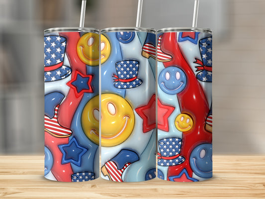 Red, white, and blue patriotic tumbler with stars, hats, and smiley faces.