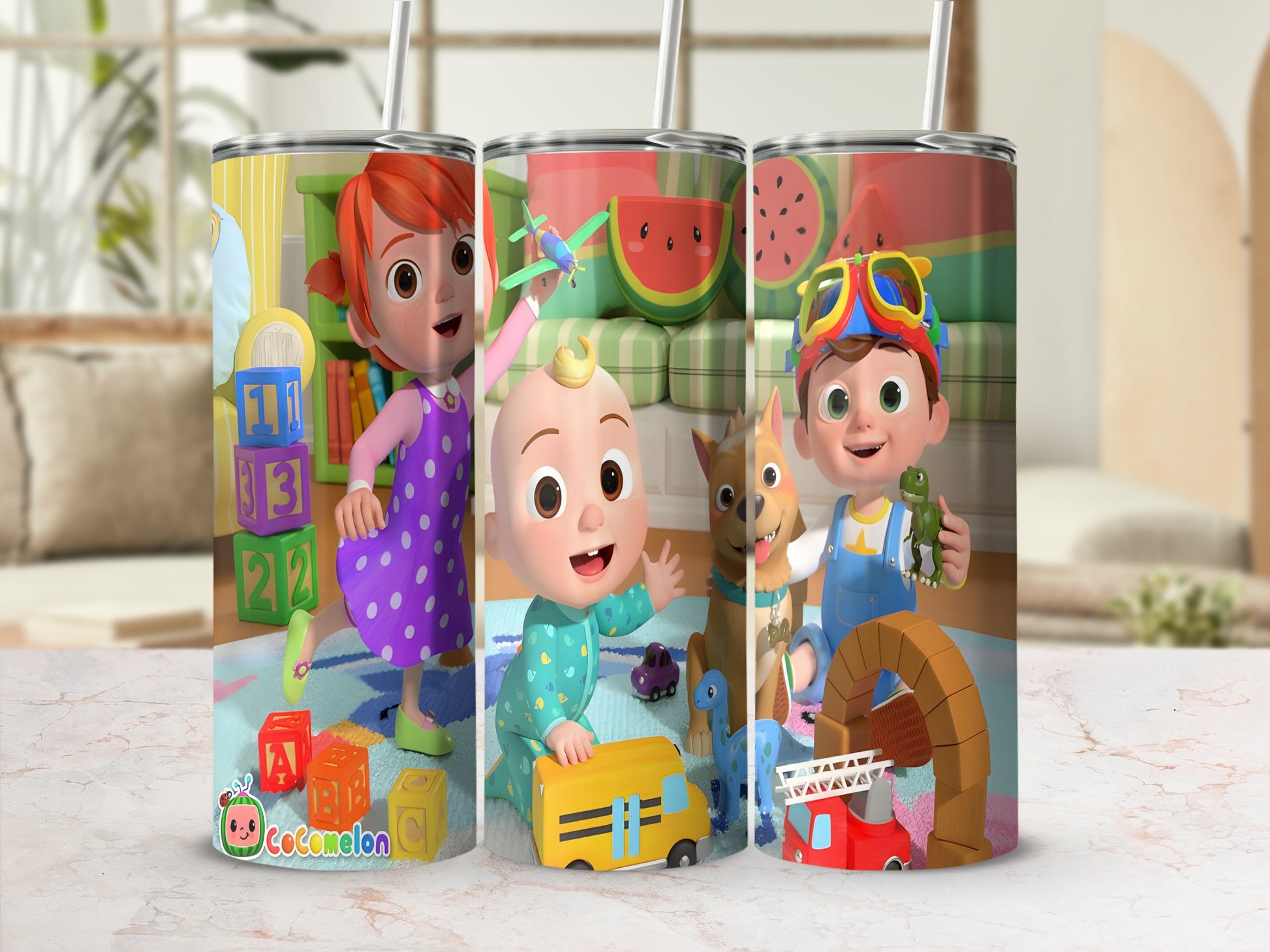 Cocomelon characters with toys and building blocks.