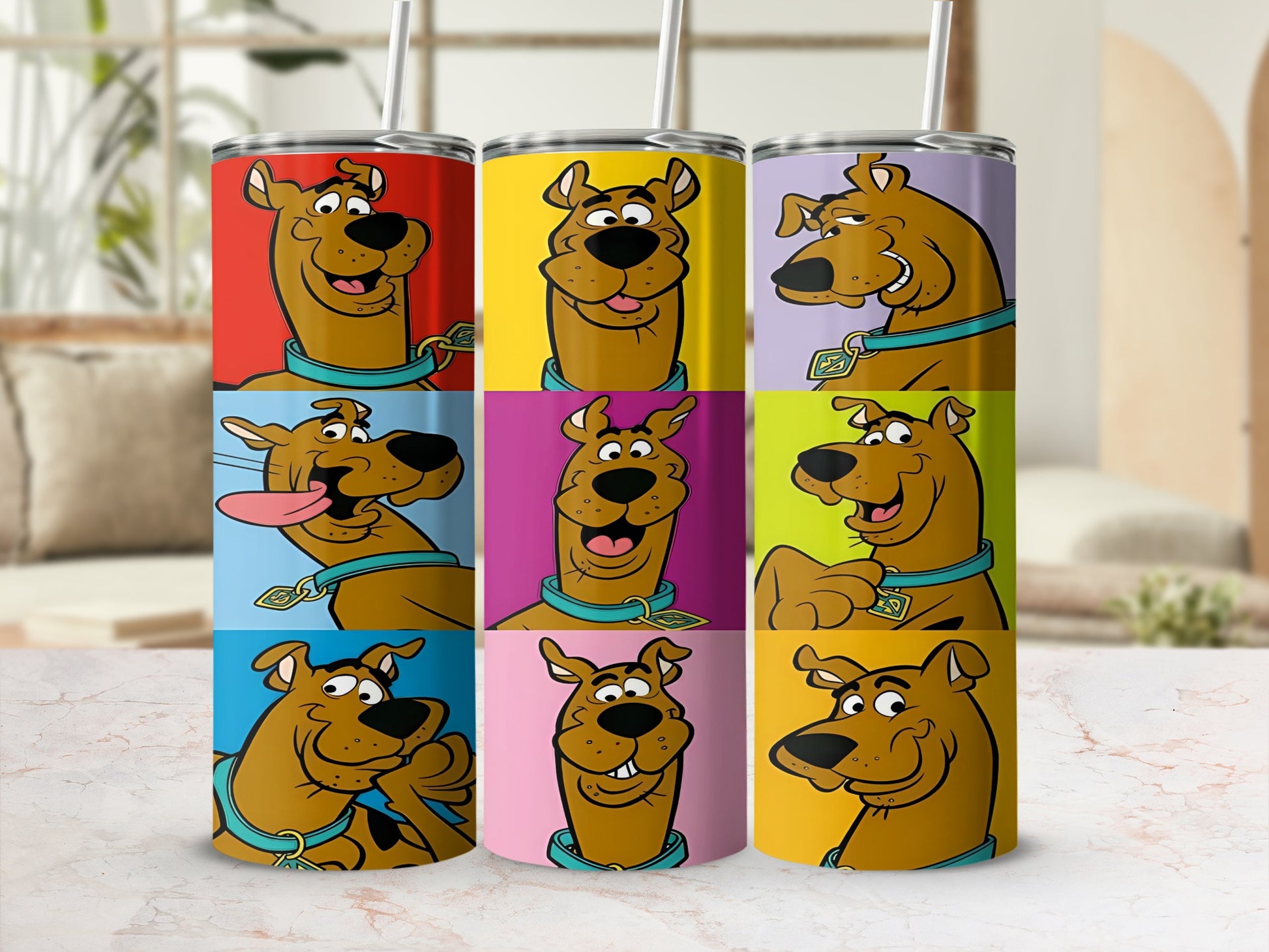 Scooby-Doo characters on nine colorful panels of a skinny tumbler.