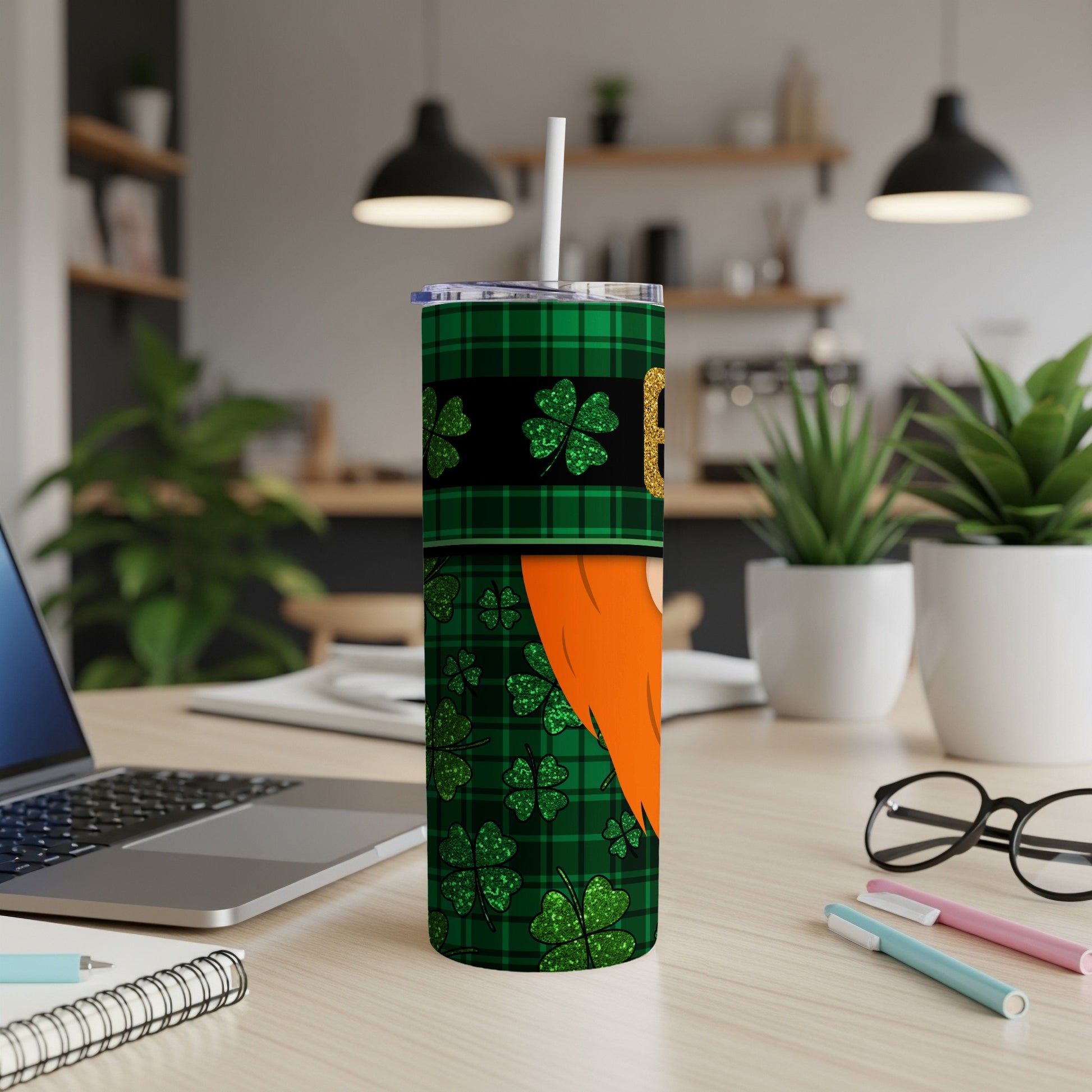 Green plaid tumbler with leprechaun beard and shamrocks.