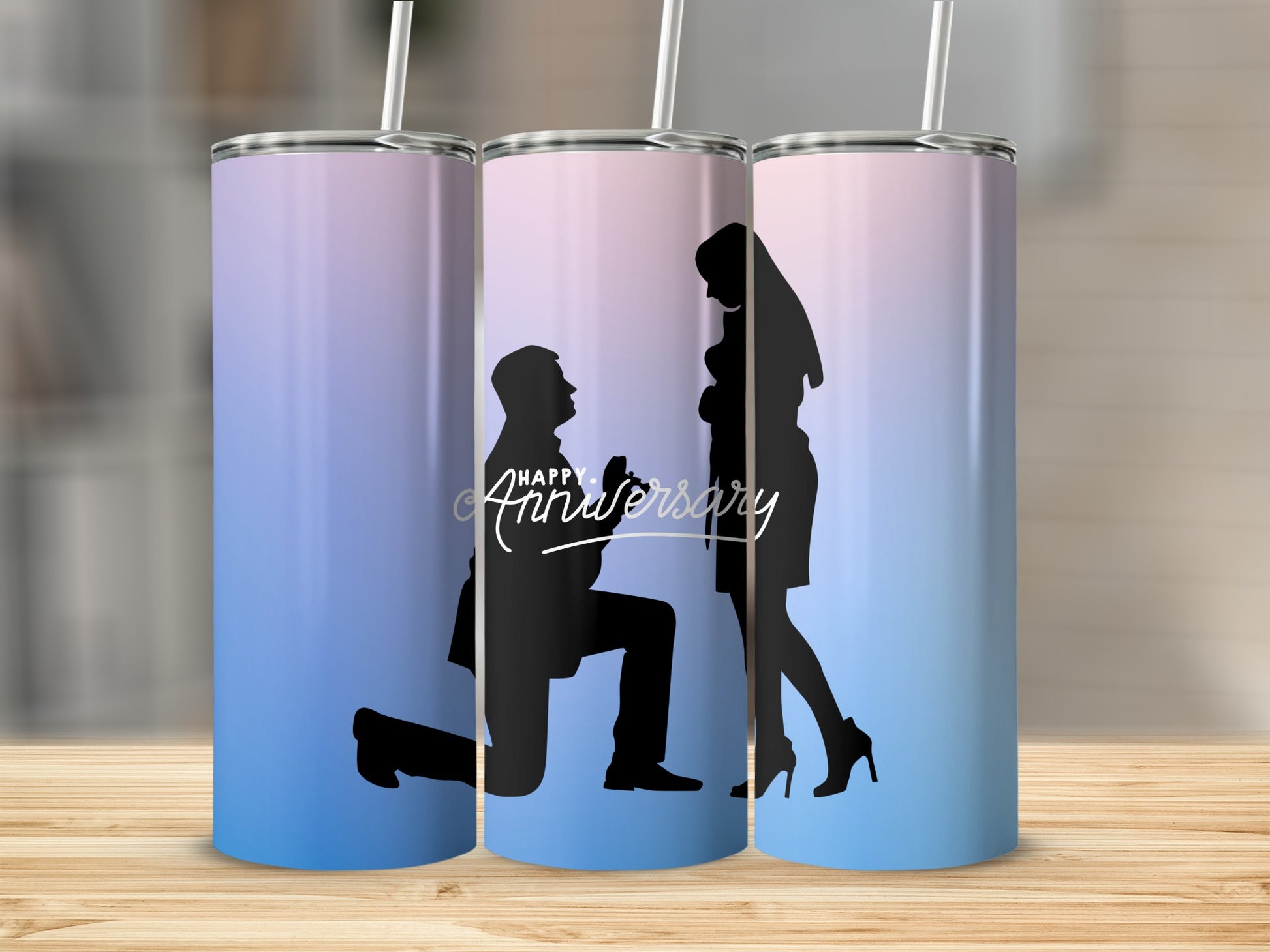 Couple on one knee with "Happy Anniversary" text on a gradient background.