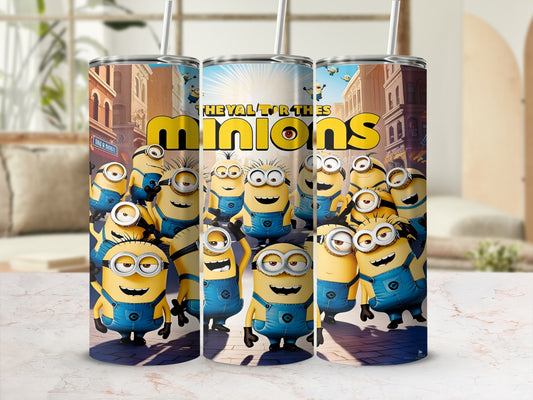 Minions characters in overalls standing together with the "Minions" logo.