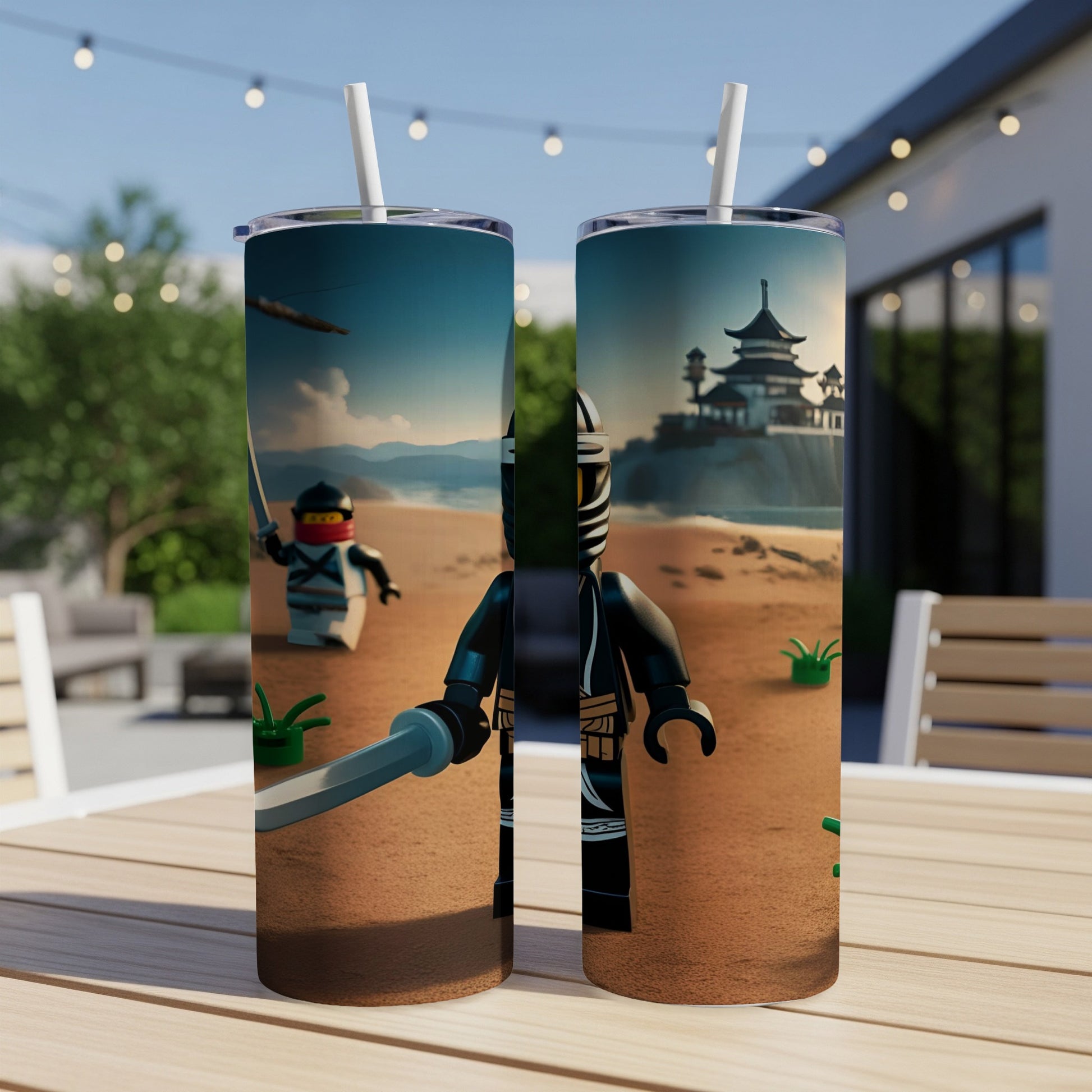 Two Lego Ninjago tumblers with ninja figures and a temple scene.