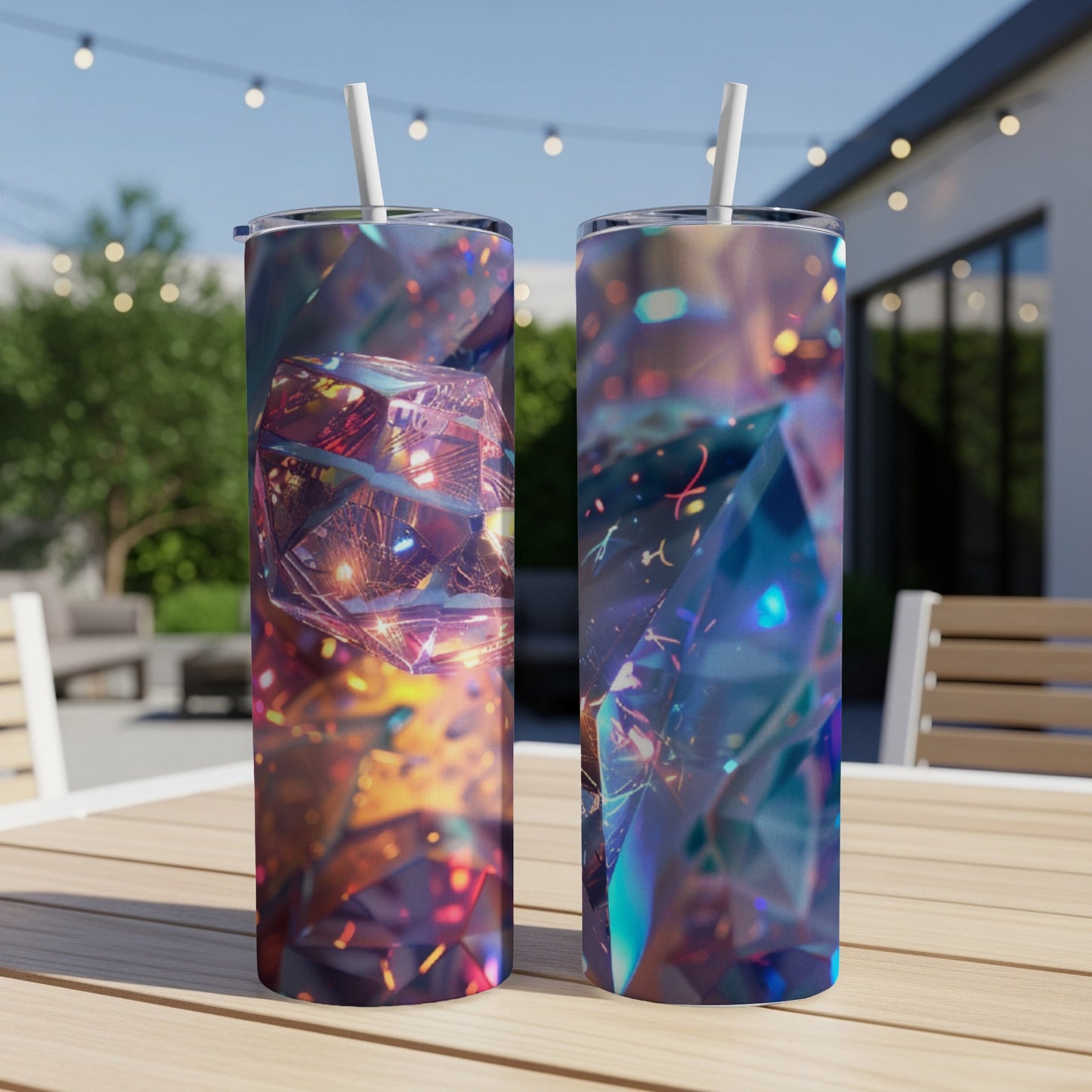 Two tall, cylindrical tumblers with abstract gemstone-like patterns.