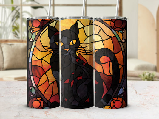Black cat with yellow eyes against a stained glass background.