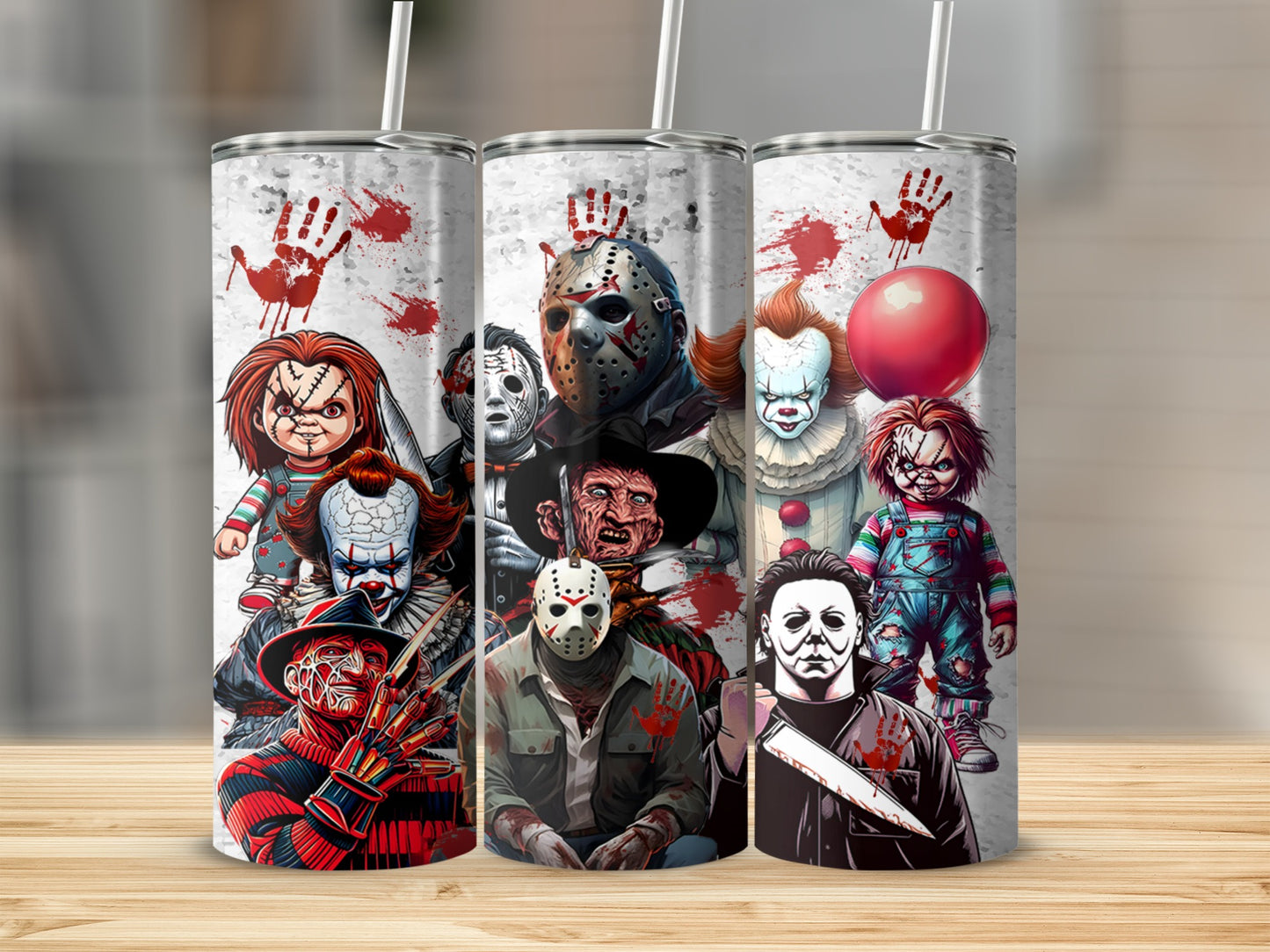 Horror movie characters Chucky, Freddy Krueger, Jason Voorhees, Pennywise, and Michael Myers on tumblers.
