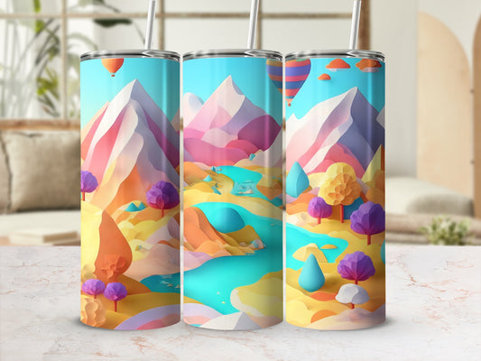Three tumblers featuring a colorful, abstract mountain landscape with trees and hot air balloons.