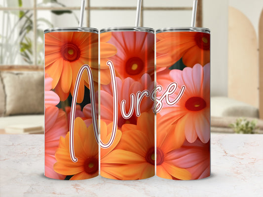 Orange and pink floral pattern on three tumblers with "Nurse" text.