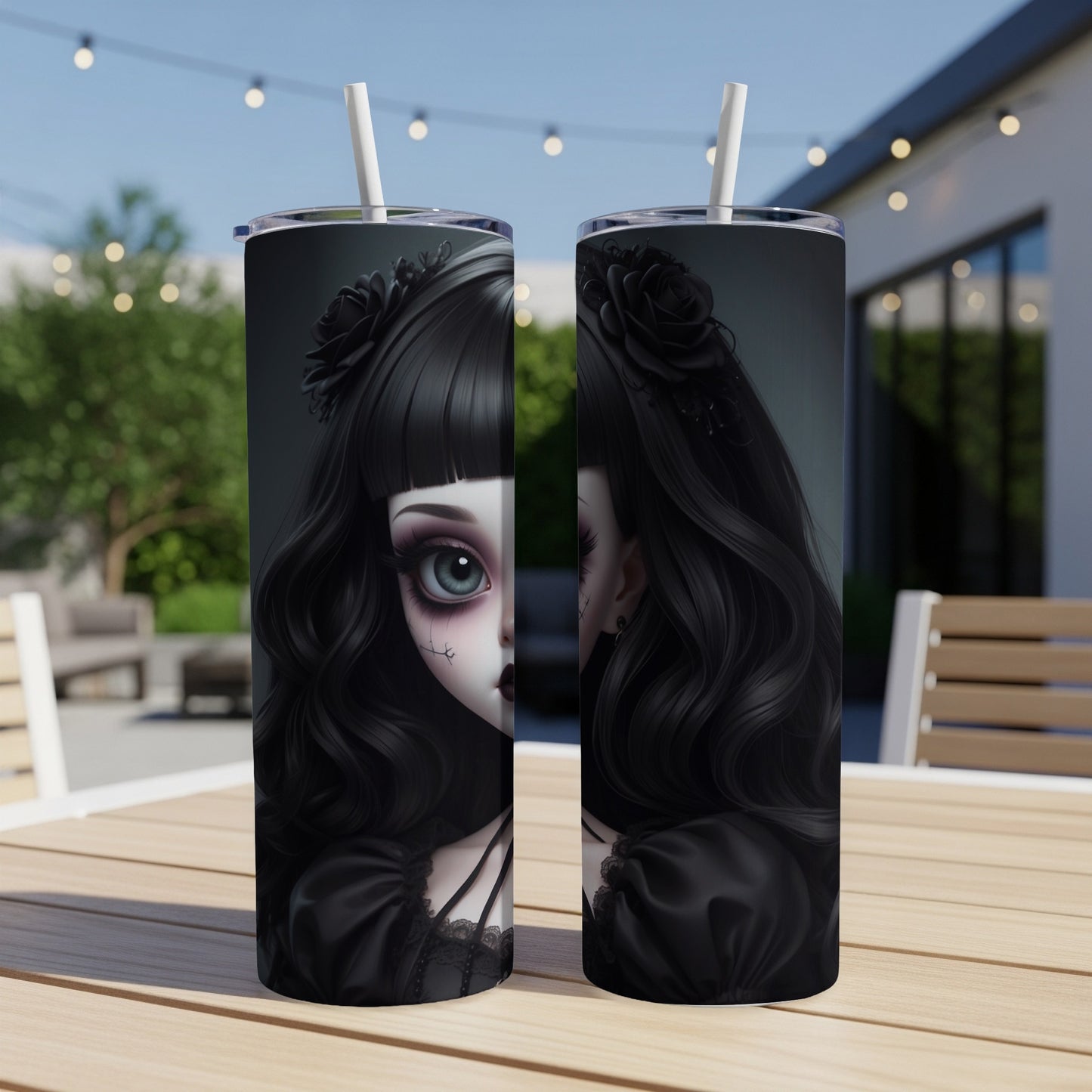 Two tumblers featuring a gothic doll with dark hair and a black outfit.