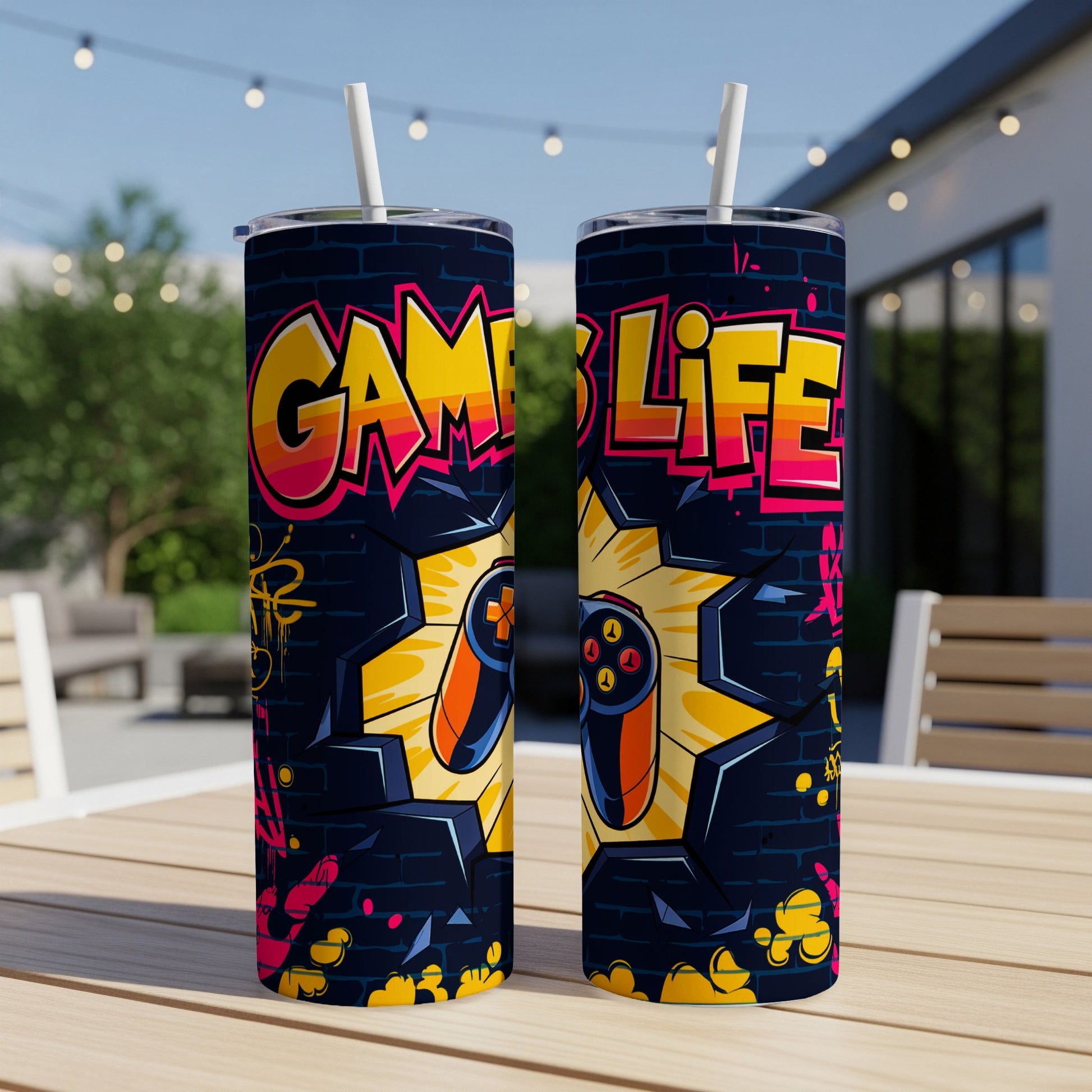 Two tumblers with "Gamer Life" text and gaming controller graphic.