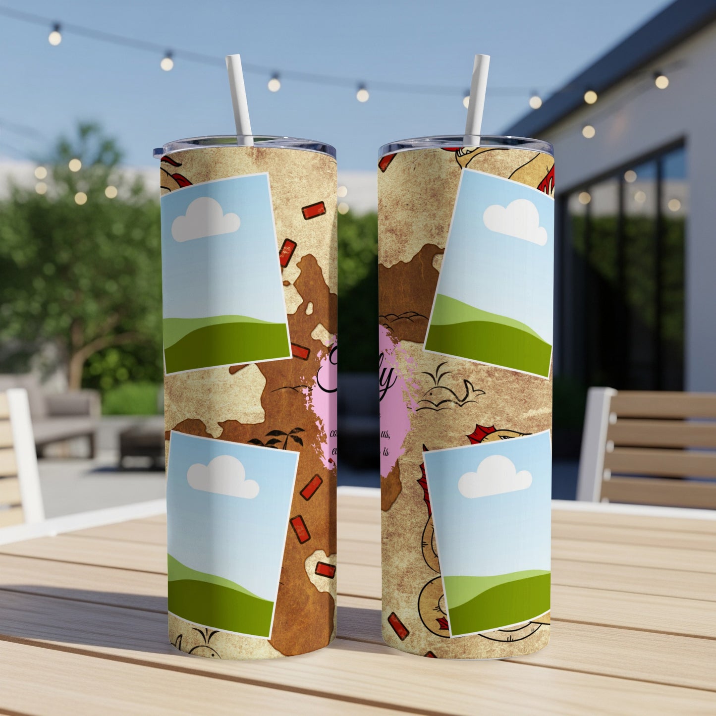 Two tumblers with a vintage map design featuring scattered photos and the word "Family".