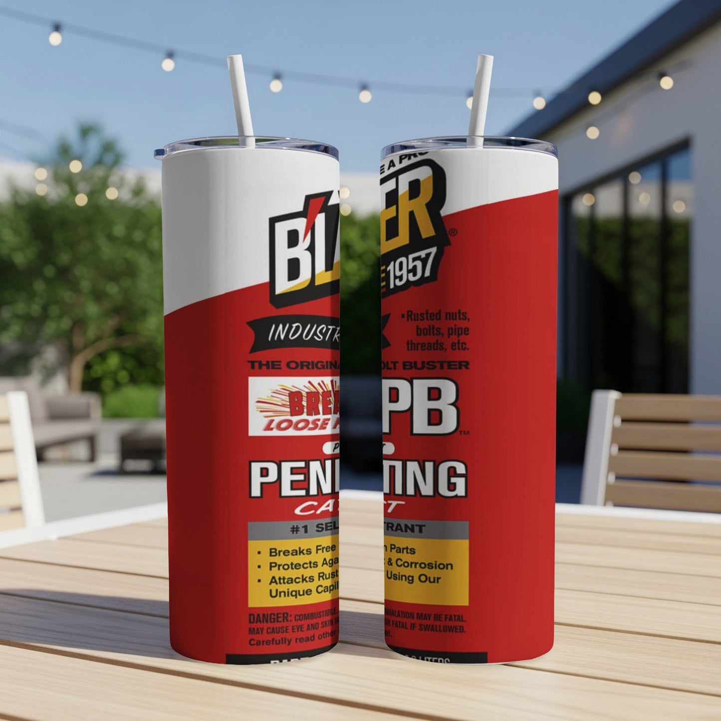 Black and red tumbler with "PB Blaster Penetrating Lubricant" and product details.