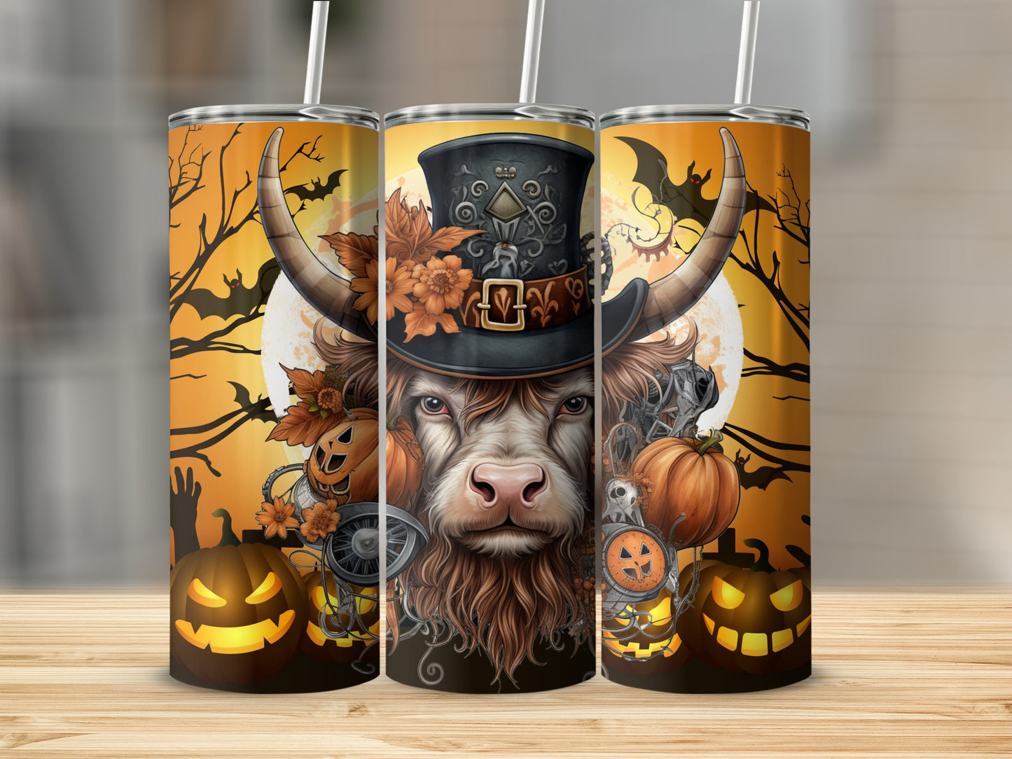 Steampunk Halloween Highland Cow Design Tumbler Cup