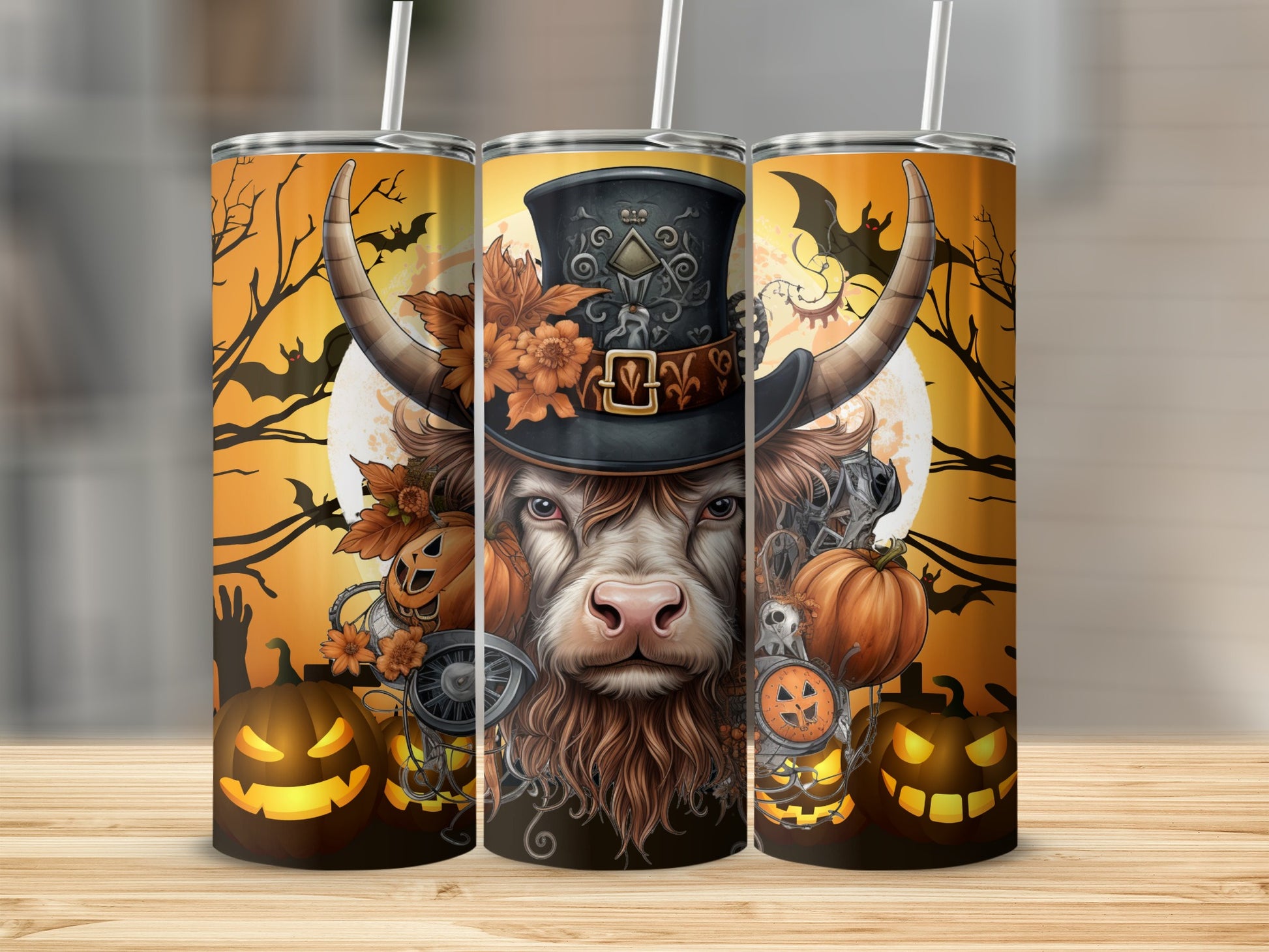 Steampunk Halloween Highland Cow Design Tumbler Cup