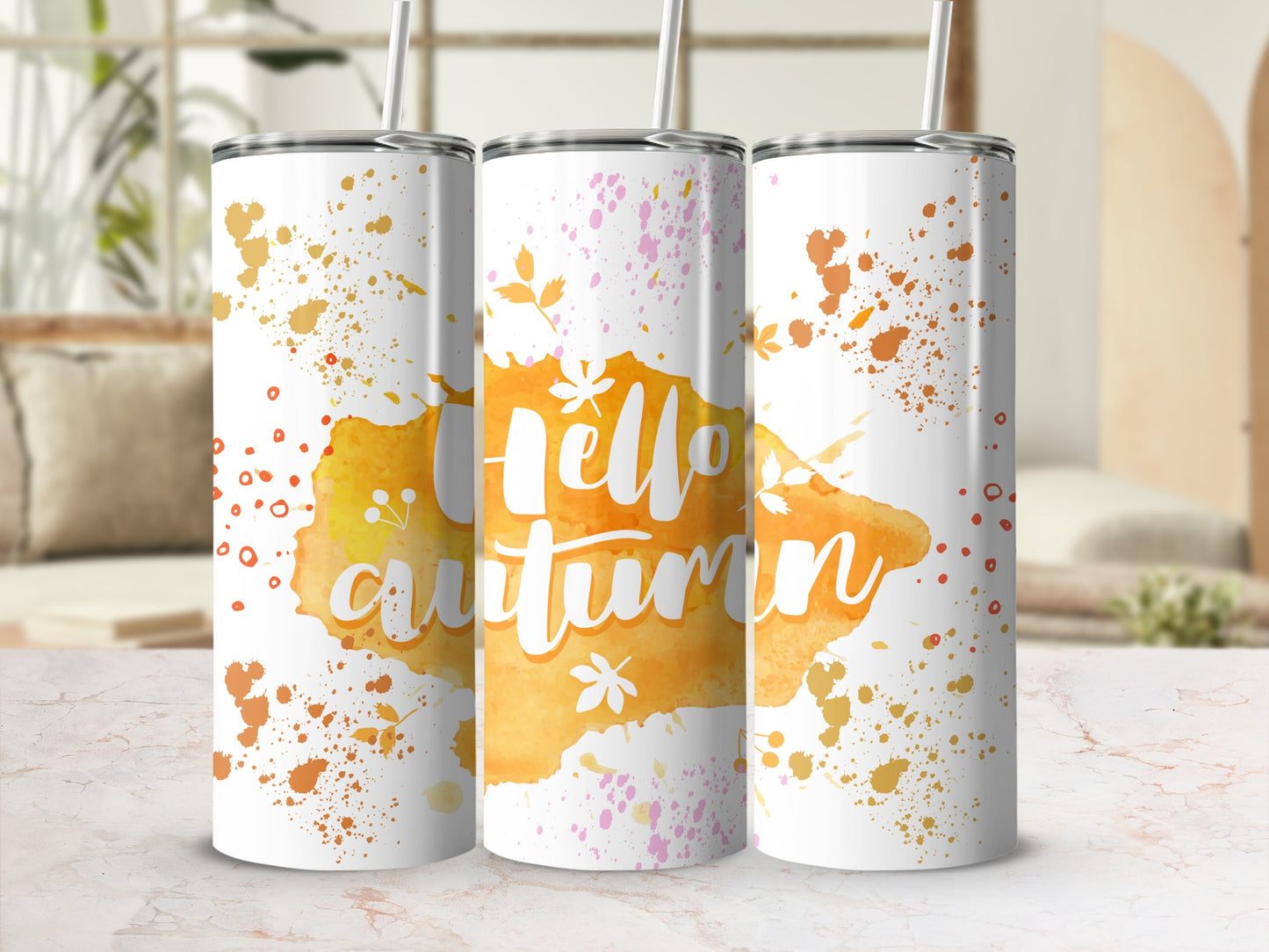 Hello Autumn Splatter Design Tumbler Cups for Seasonal Use