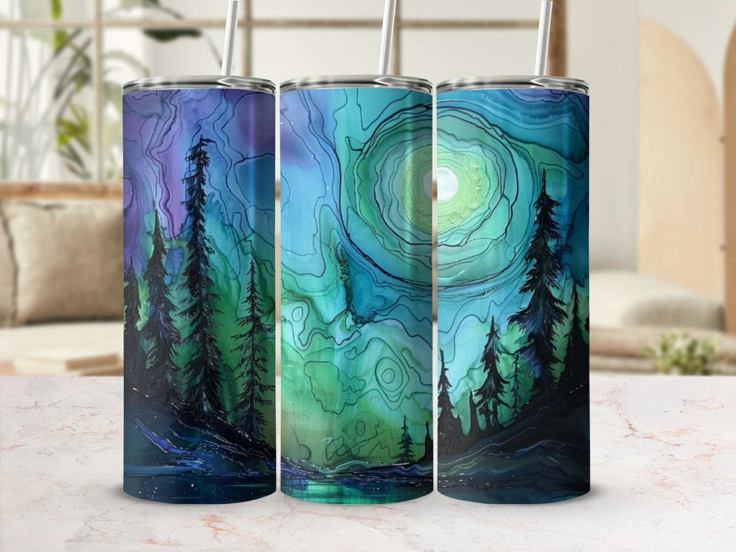 Three tumblers featuring a swirling abstract forest scene with vibrant blues and greens.
