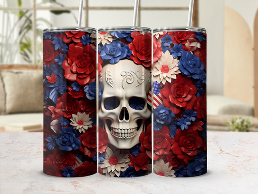 Skull and flowers tumbler with American flag detail.