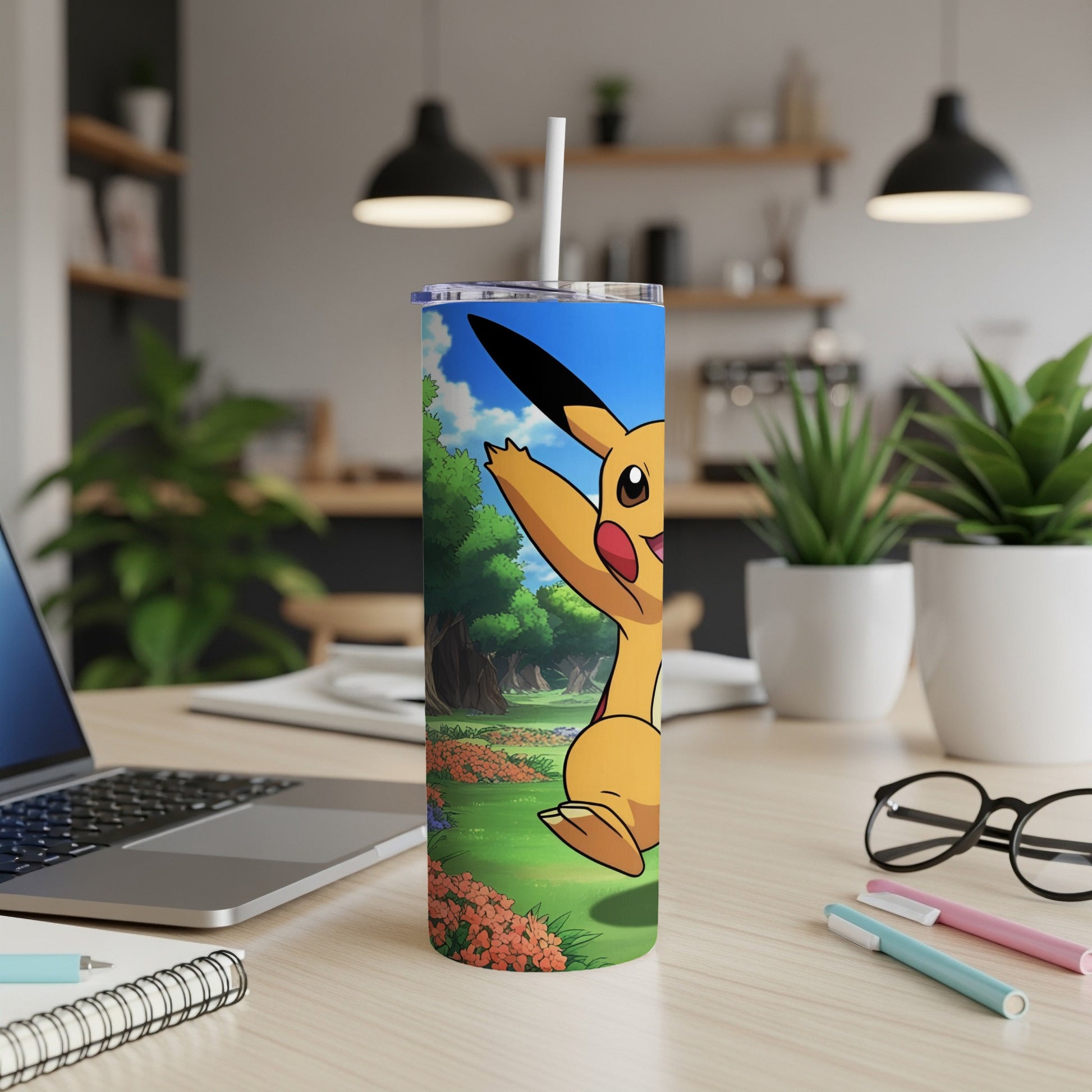 Pikachu character on a tumbler with a forest background.