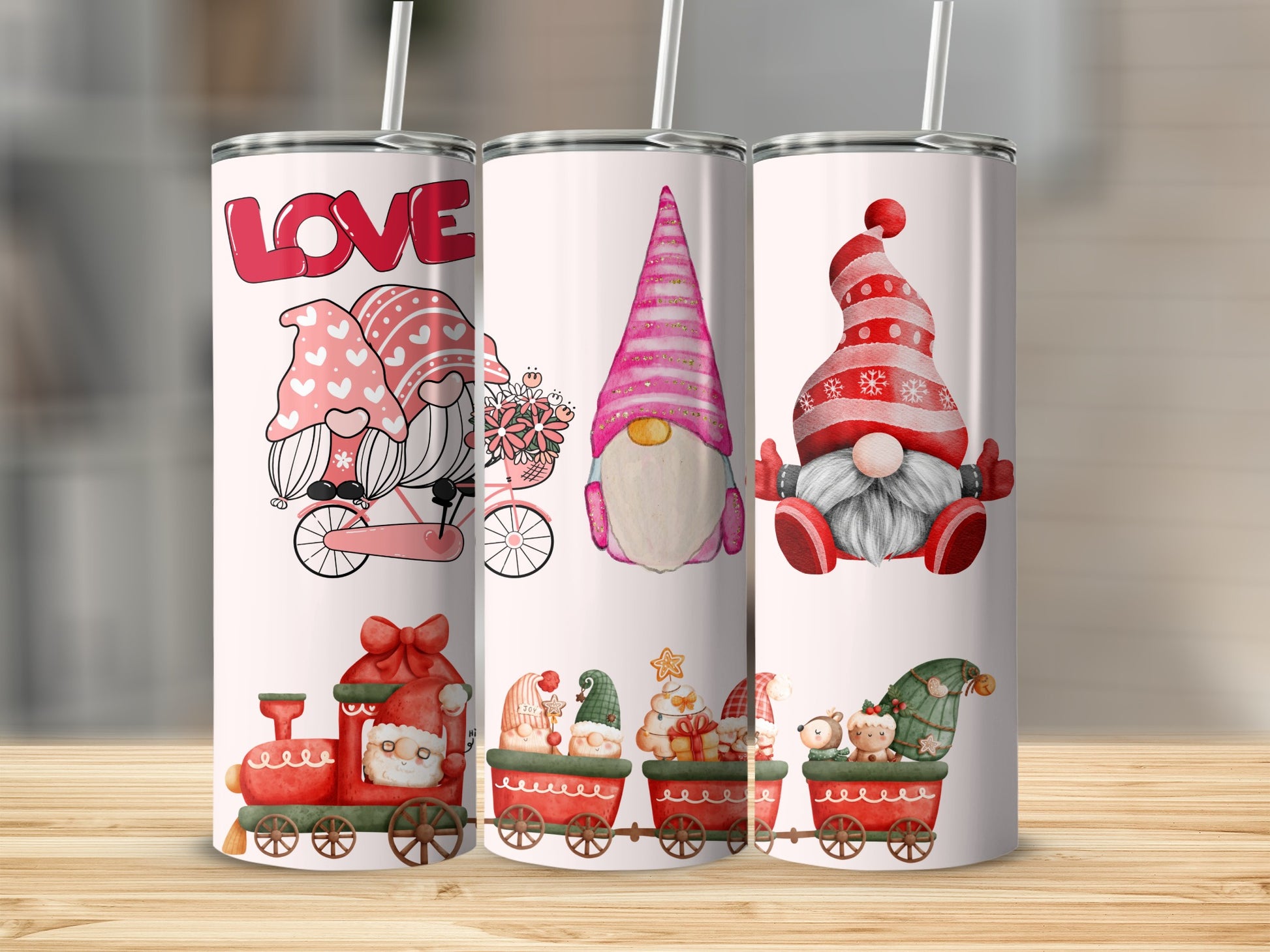 Festive Gnome Tumbler with Christmas Train Design