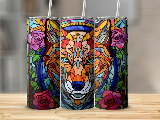 Stained glass wolf head with roses, three tumblers displayed.
