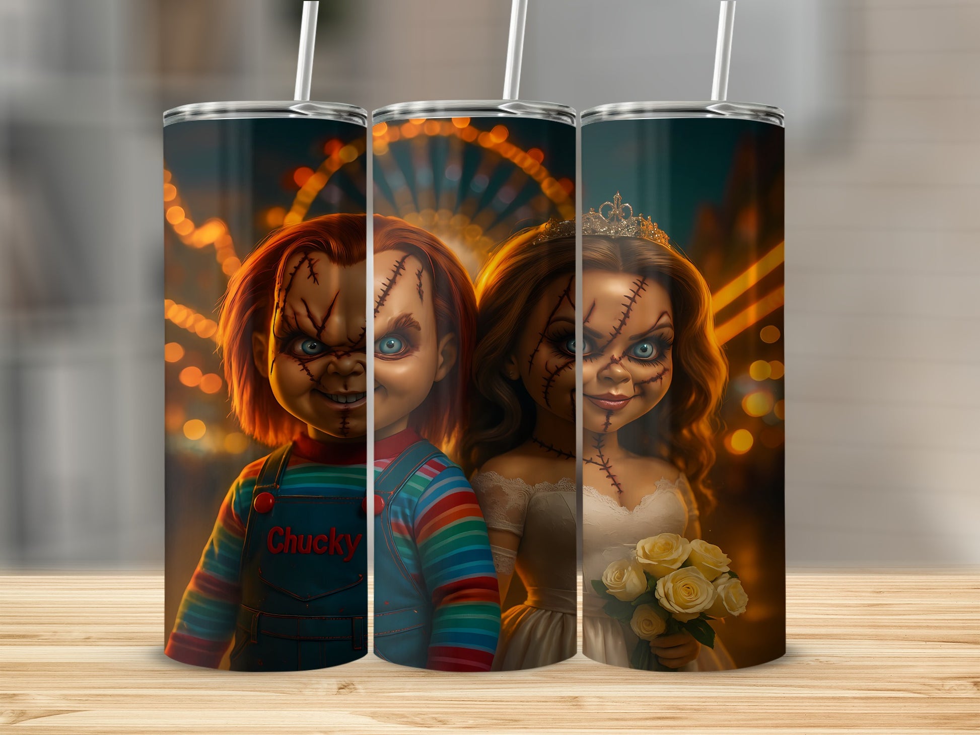 Three tumblers featuring Chucky and Tiffany dolls in wedding attire with blurred carnival lights.