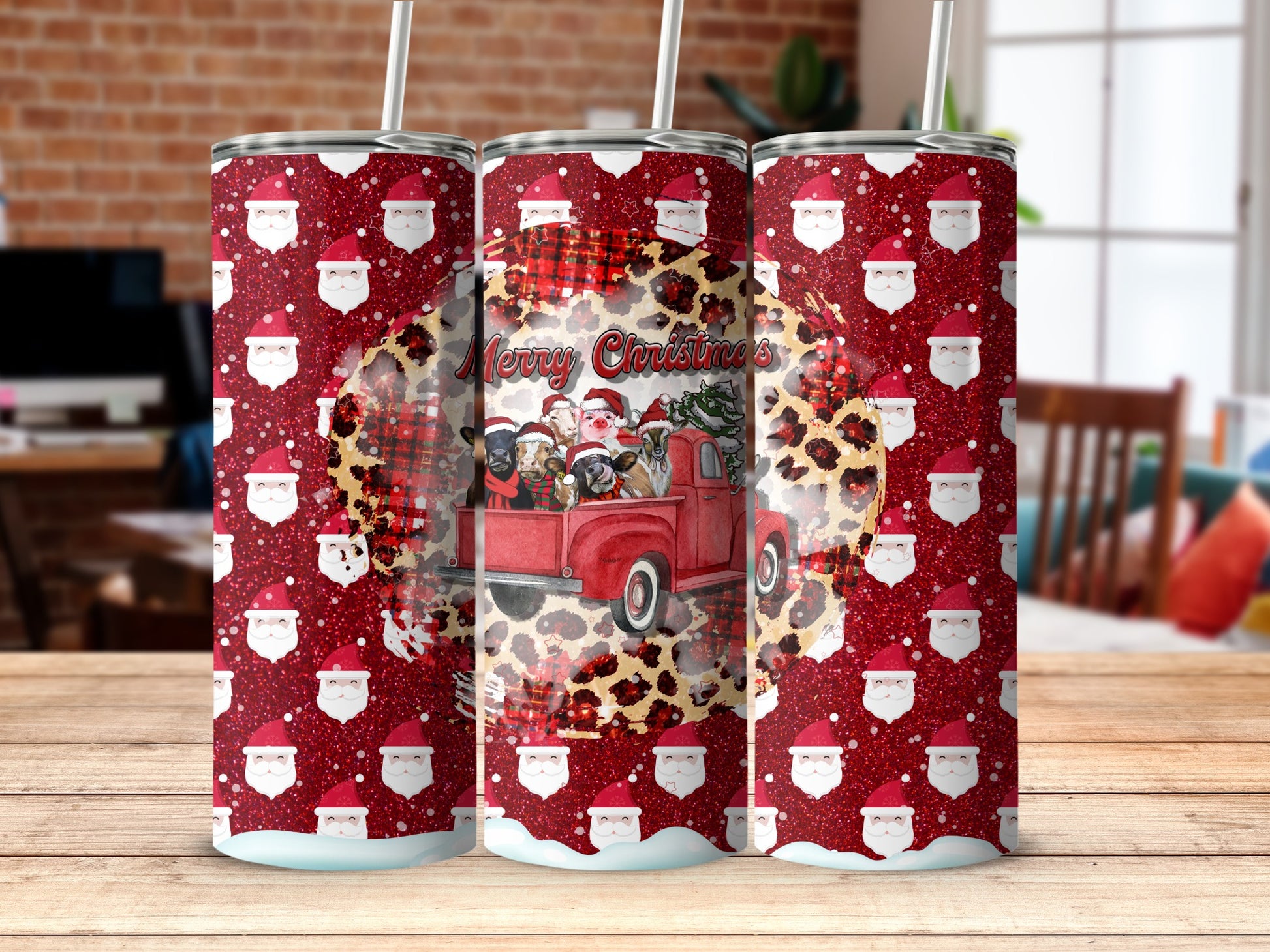Red truck with dogs in Christmas hats on glittery red and leopard print tumbler.