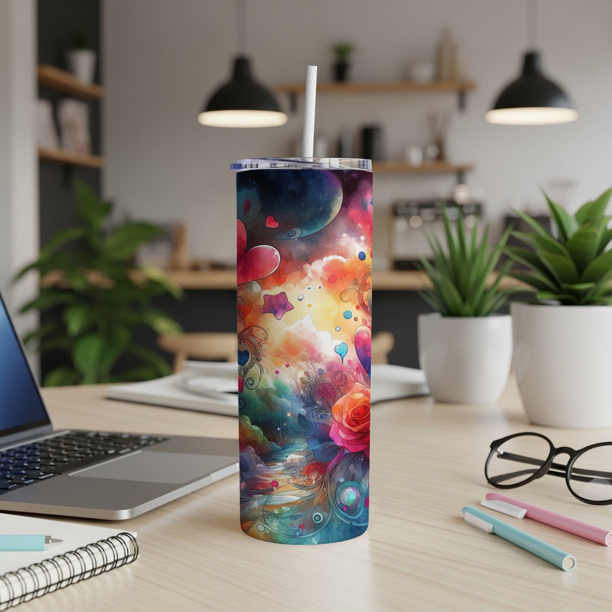 Tumbler with colorful swirling abstract design featuring hearts and a rose.