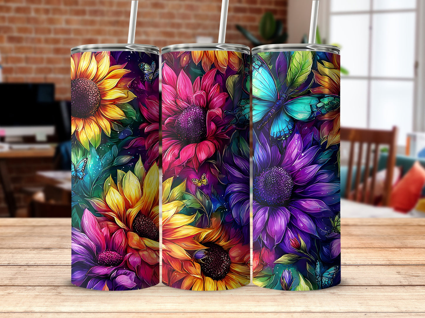 Colorful Sunflower and Butterfly Tumblers