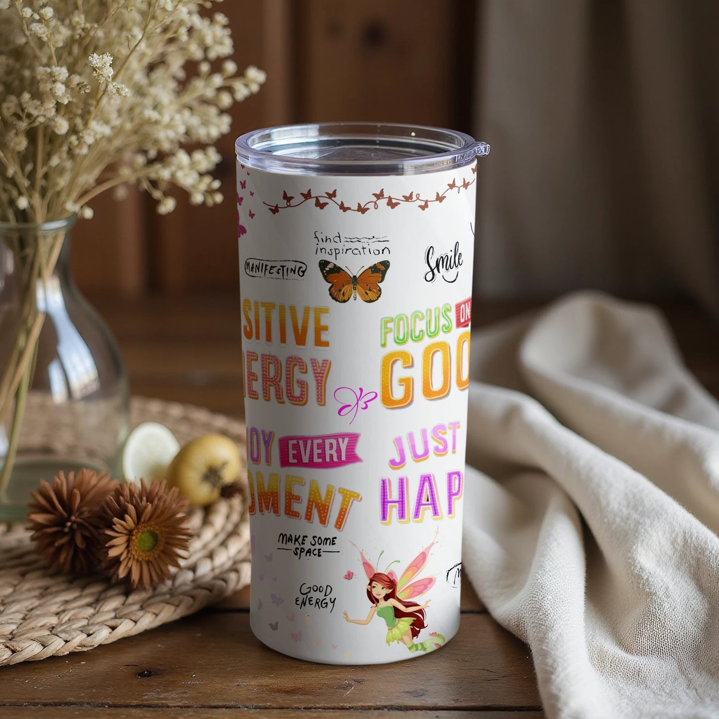Positive Inspiration Focus Smile Butterfly Fairy Tumbler