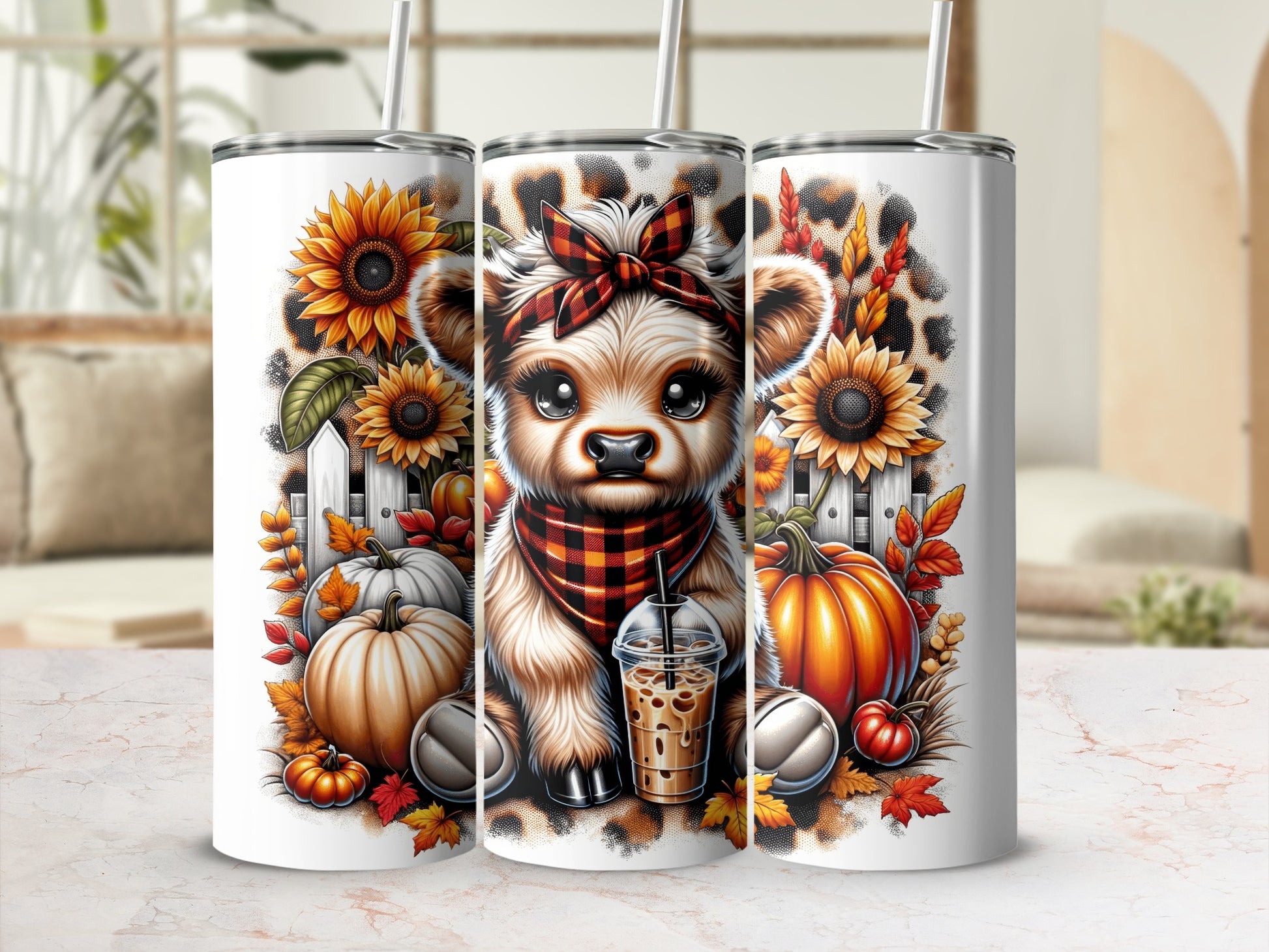 Cute puppy with sunflowers, pumpkins, and leopard print on a tumbler.