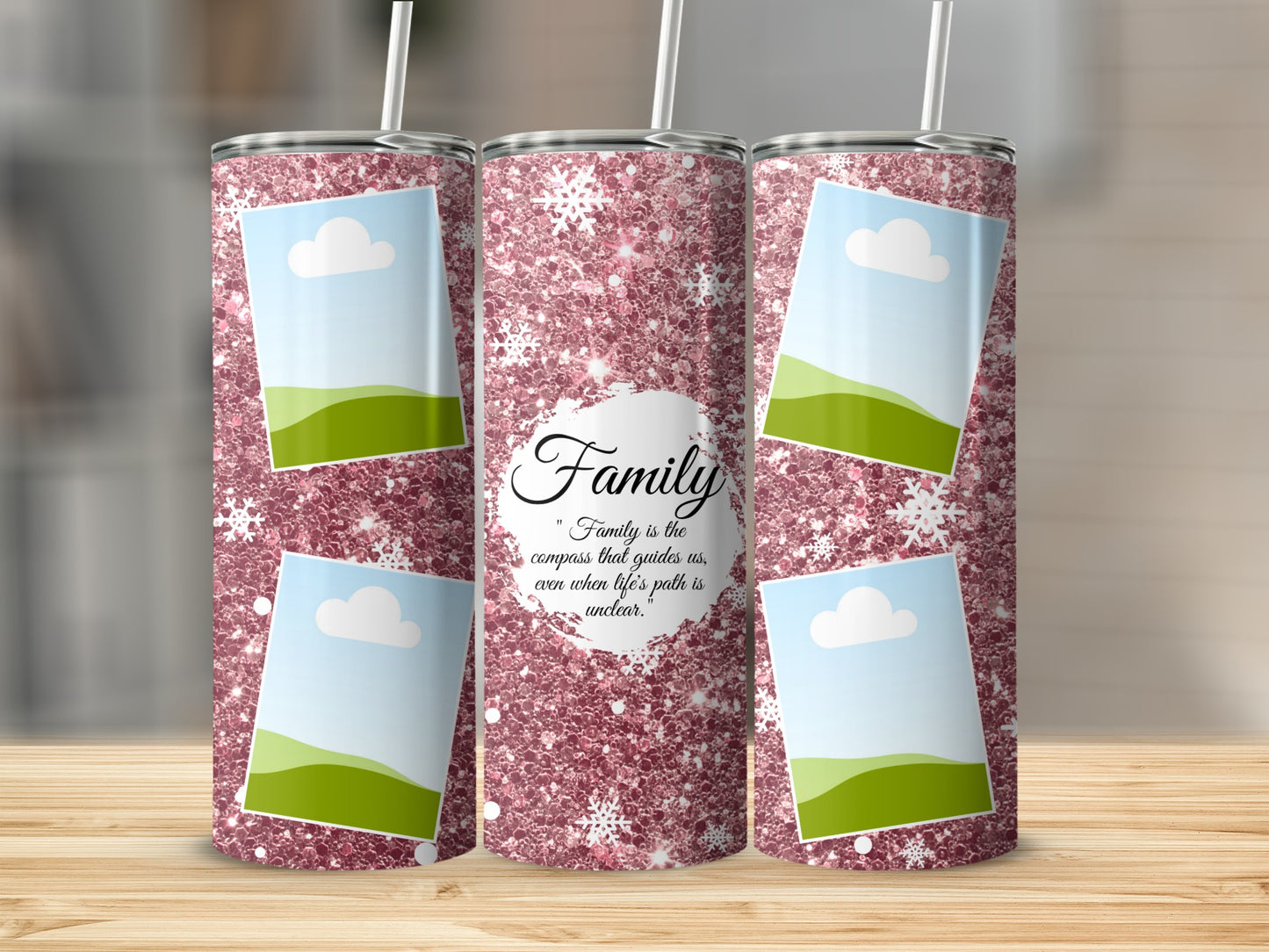 Three glittery pink tumblers with photo placeholders and "Family" quote.