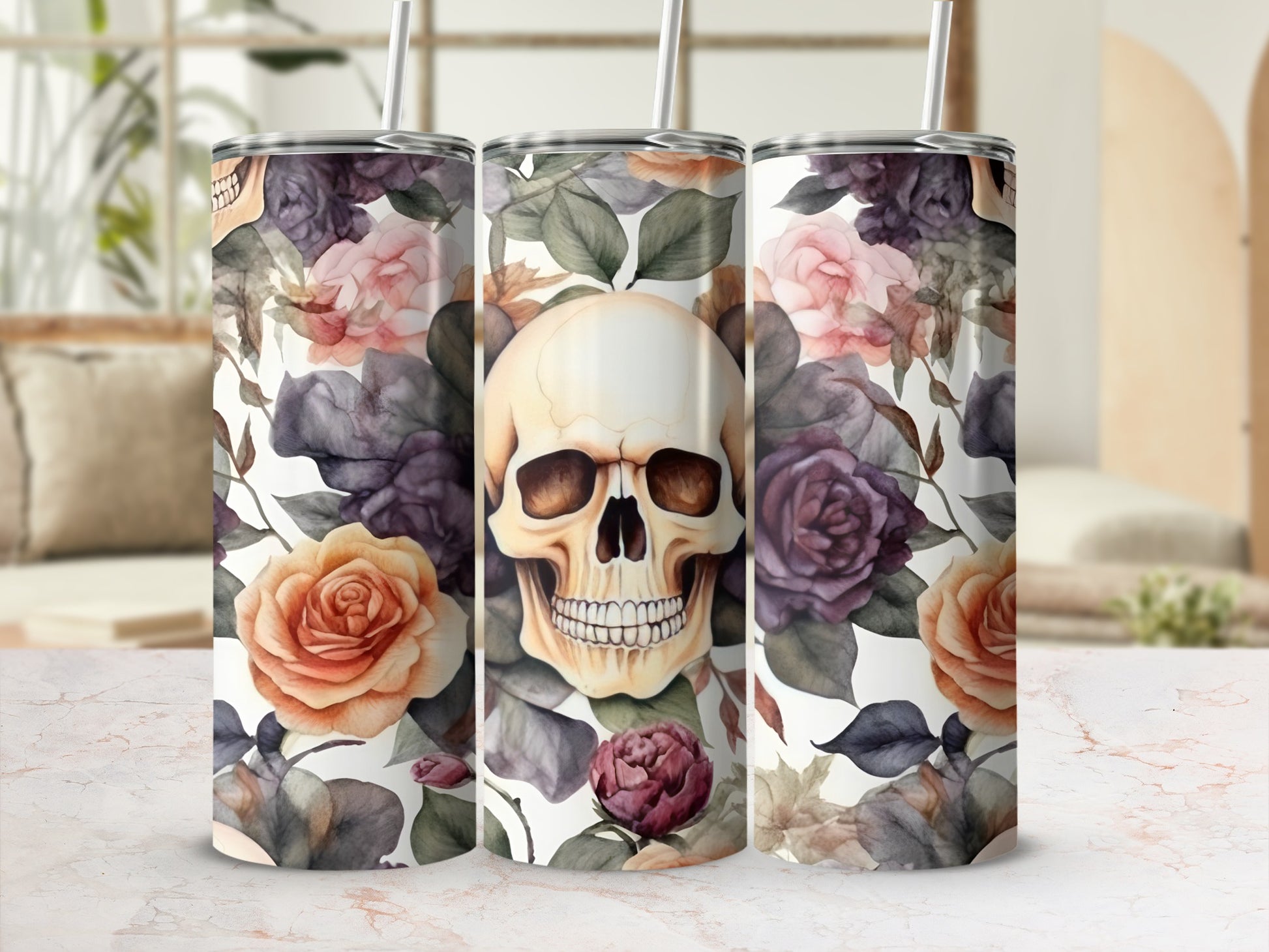 Tumbler with skull and floral design featuring roses and dark leaves.