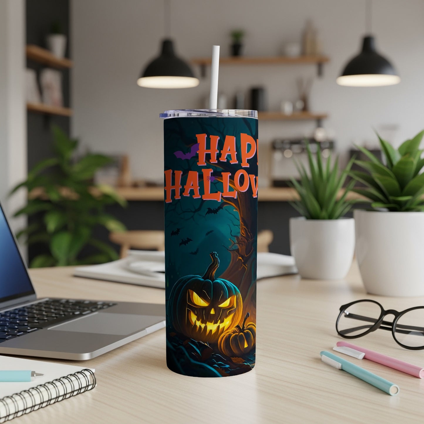 Tumbler with "Happy Halloween" text, jack-o'-lantern, and bats on a dark background.