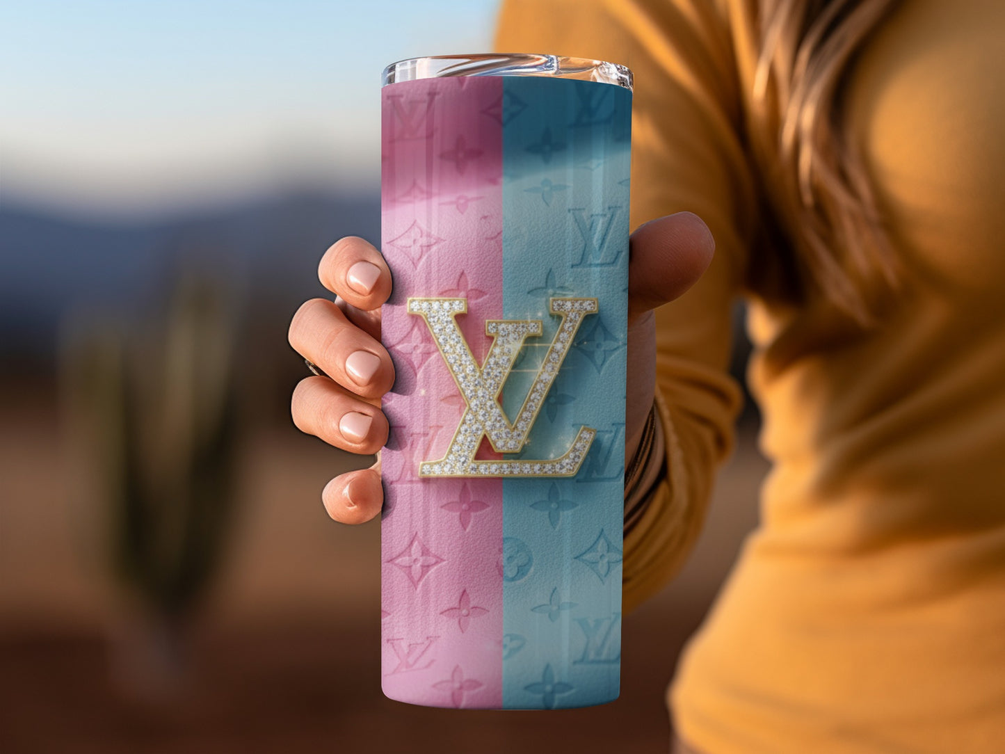 Pink and Blue Gradient Tumbler with LV Monogram Design