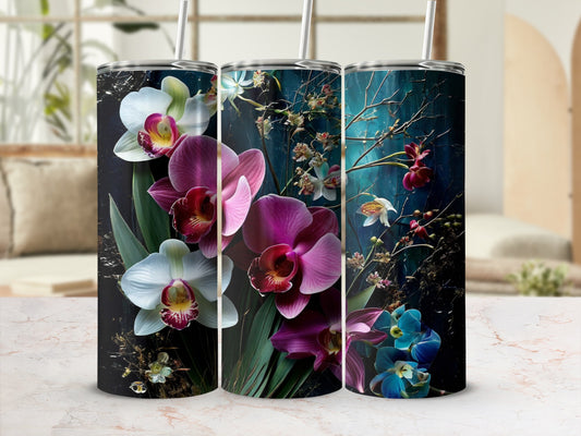 Three tumblers with a dark blue floral design featuring orchids and vines.
