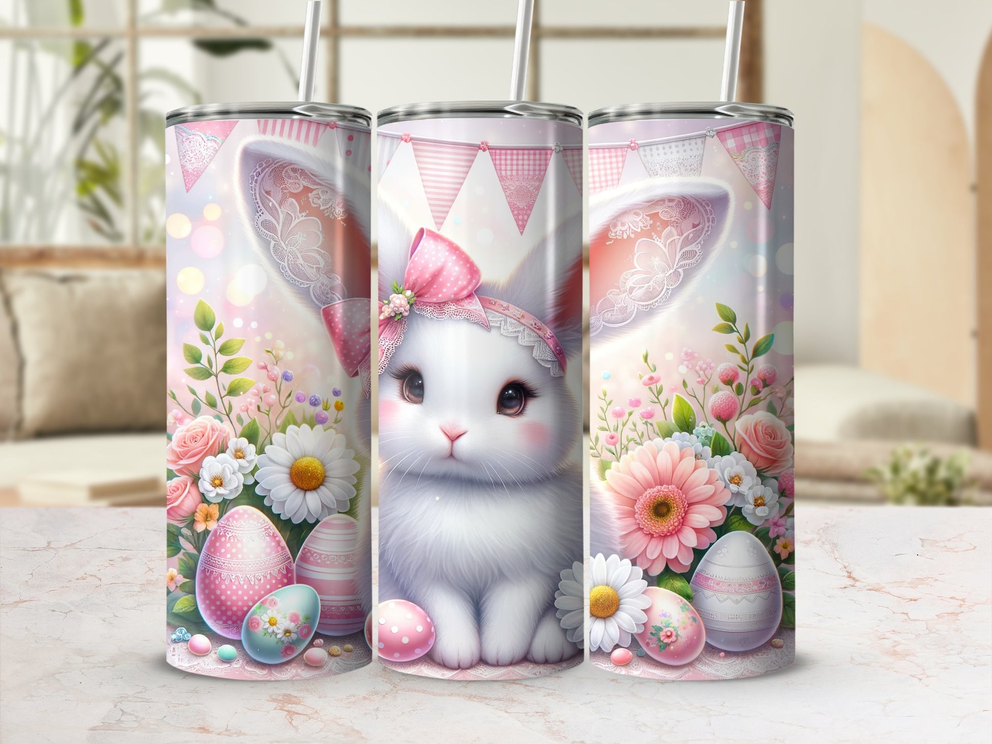 Easter bunny with pastel eggs and floral garland on a tumbler.