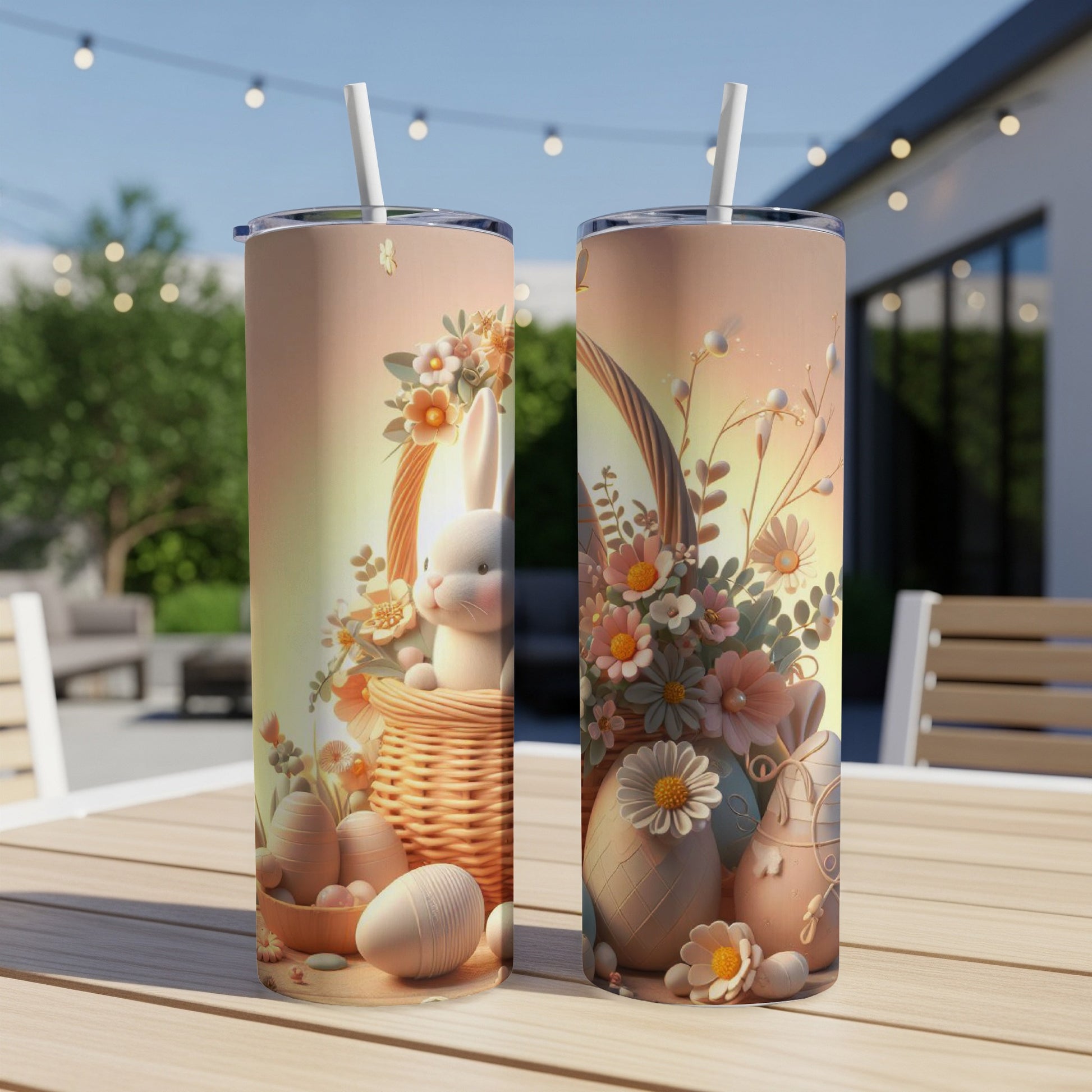 Easter bunny and basket with eggs and flowers on two tumblers.