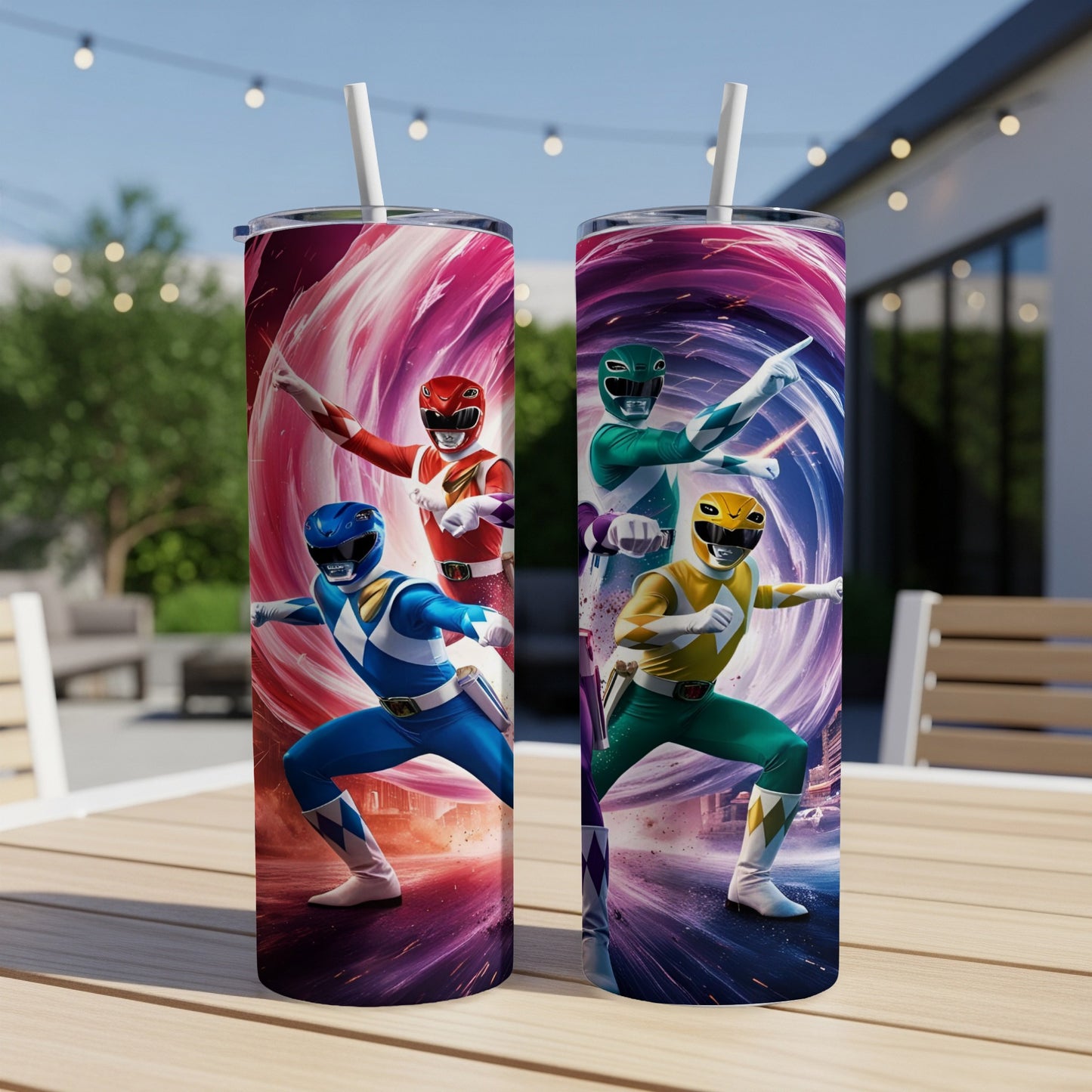 Two Power Rangers action poses on tumblers with colorful backgrounds.